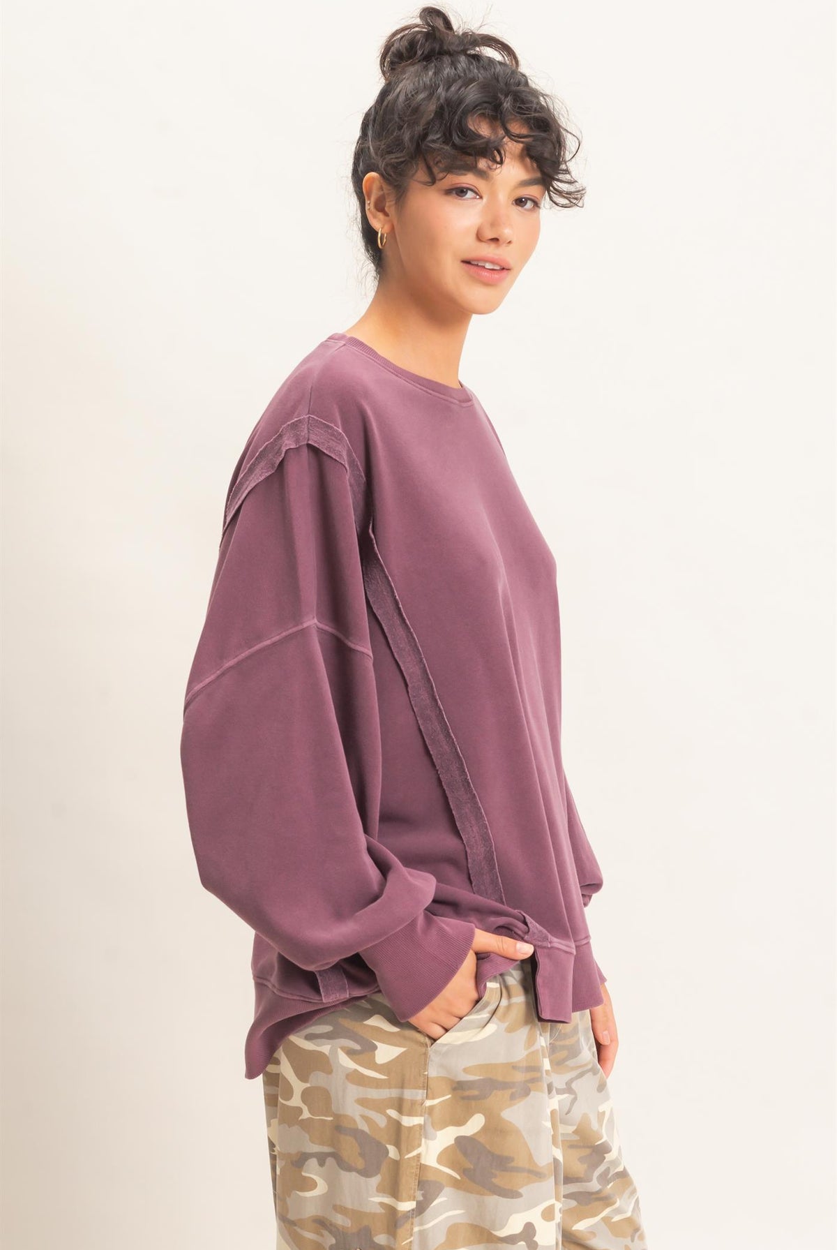 Wholesale Pigment Dye Oversized Raw Edge Sweatshirt Sweatshirts DZ26C737 DARK CHERRY DOUBLE ZERO