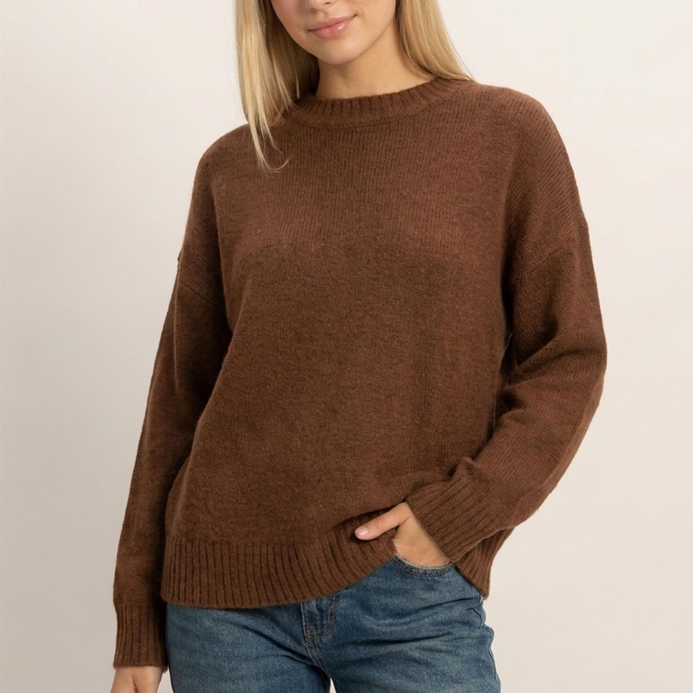 Wholesale Ribbed Crew Neck Sweater Sweaters HF26F179-D BROWN HYFVE