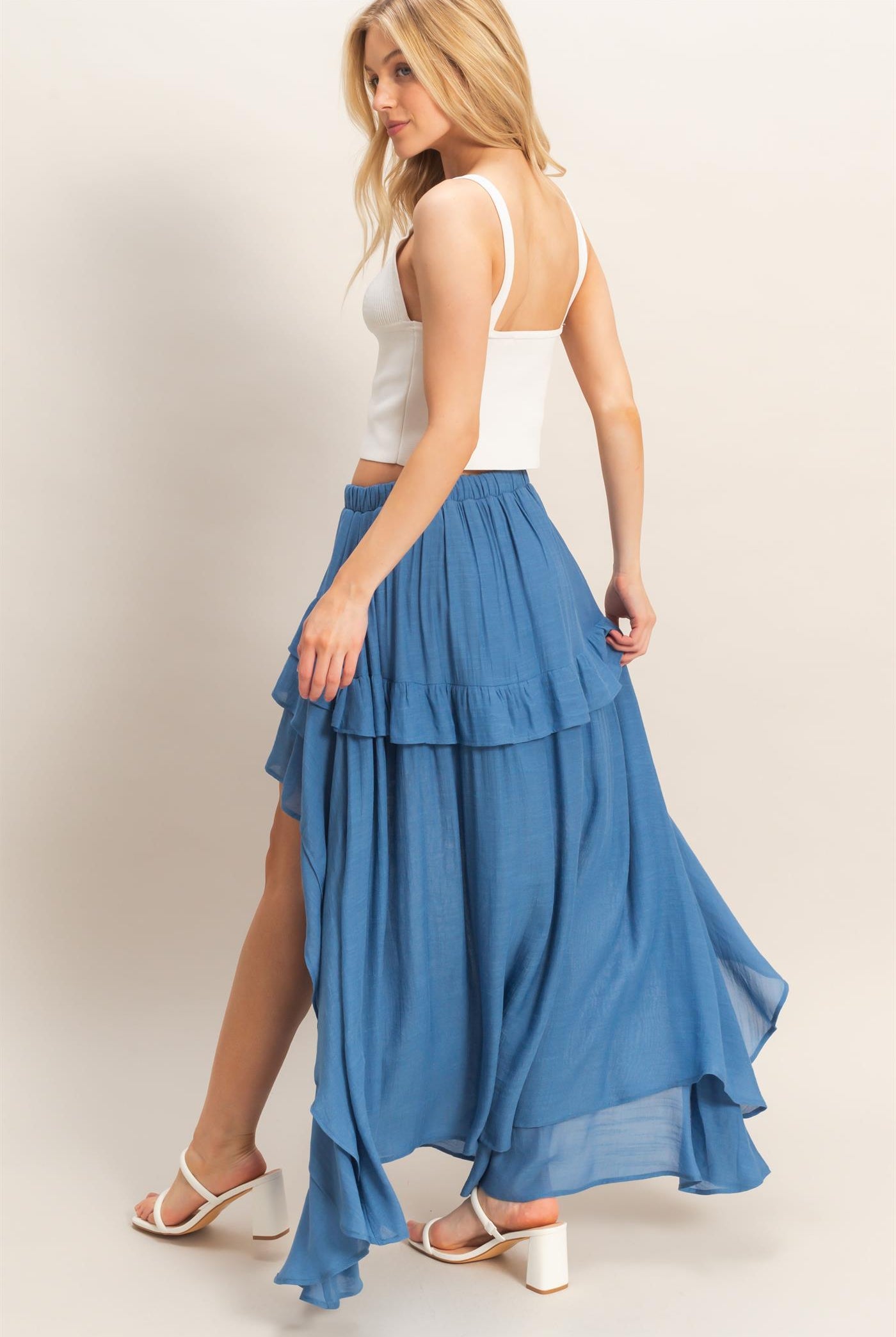 Wholesale Tiered Ruffle High-Low Skirt Skirts HF26C194 DENIM BLUE HYFVE
