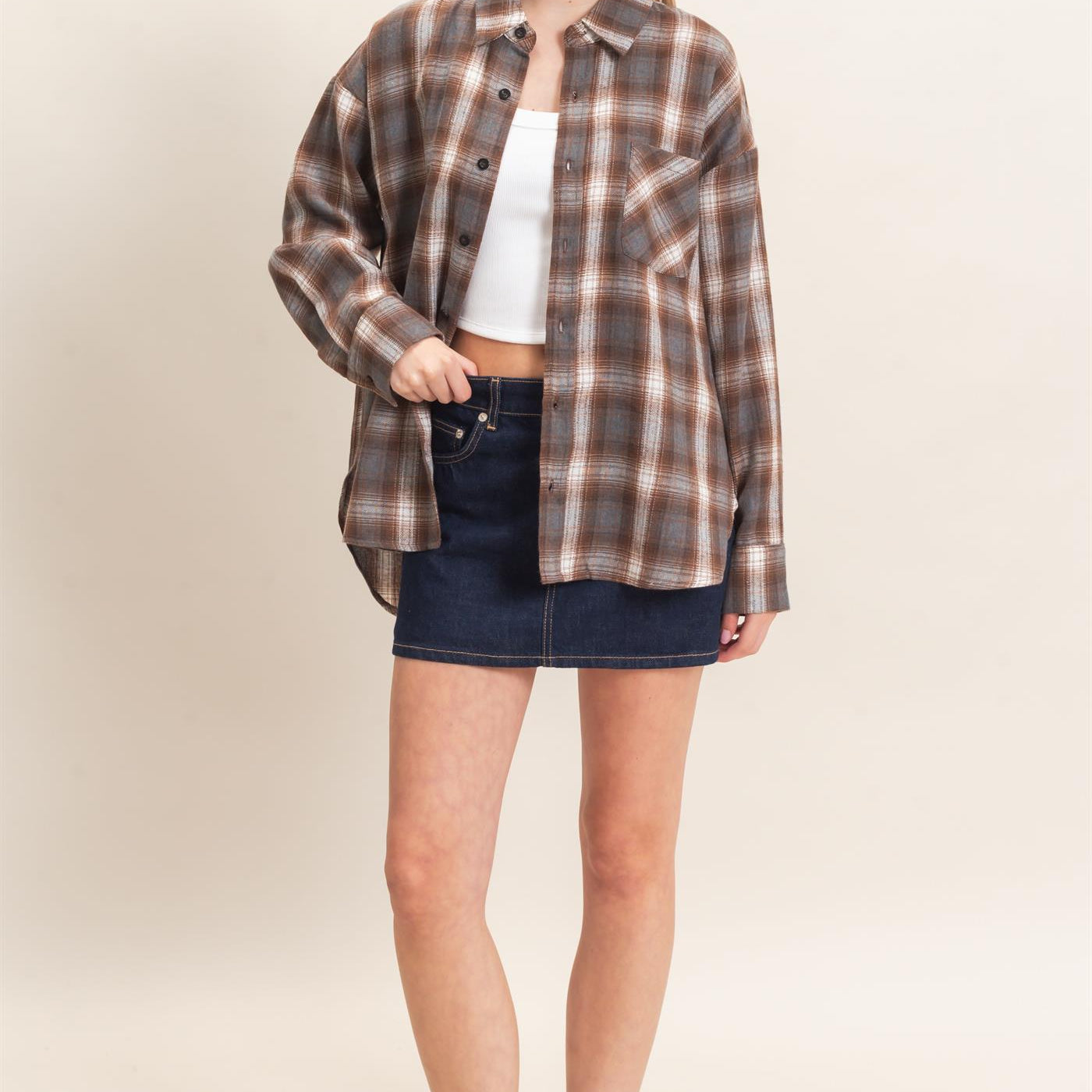 Wholesale Plaid Button-Up Shirt Clothing Tops HF26F017 BROWN HYFVE