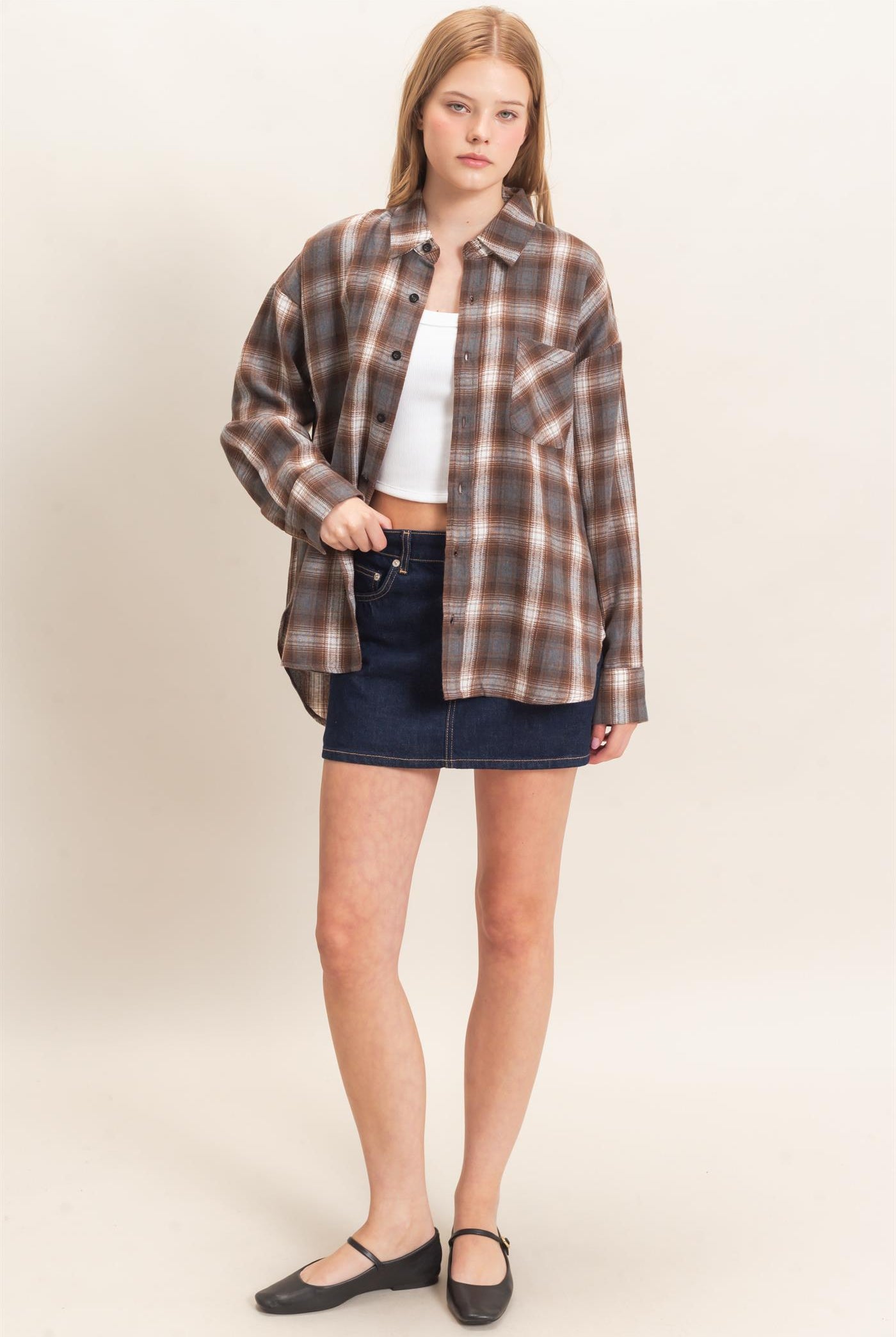 Wholesale Plaid Button-Up Shirt Clothing Tops HF26F017 BROWN HYFVE