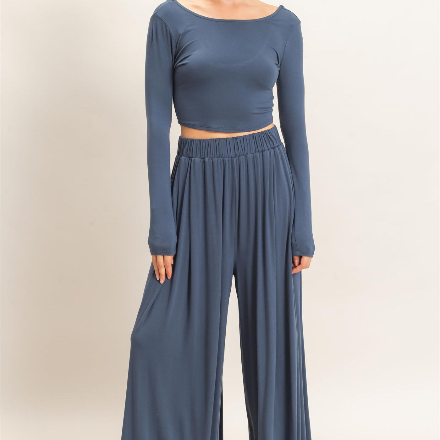 Wholesale Long Sleeve Top & Wide Leg Pants Set Clothing HF26F227-SET-D MIDNIGHT BLUE HYFVE
