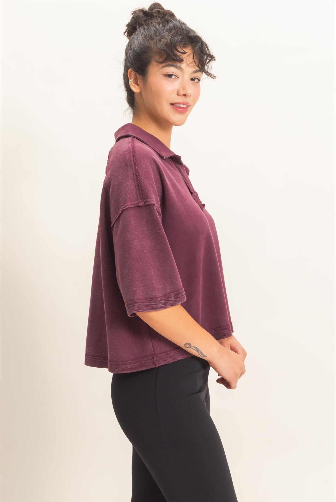 Wholesale Mineral Wash Oversized Collar Short Sleeve Top Clothing Tops DZ26E813 DARK CHERRY DOUBLE ZERO
