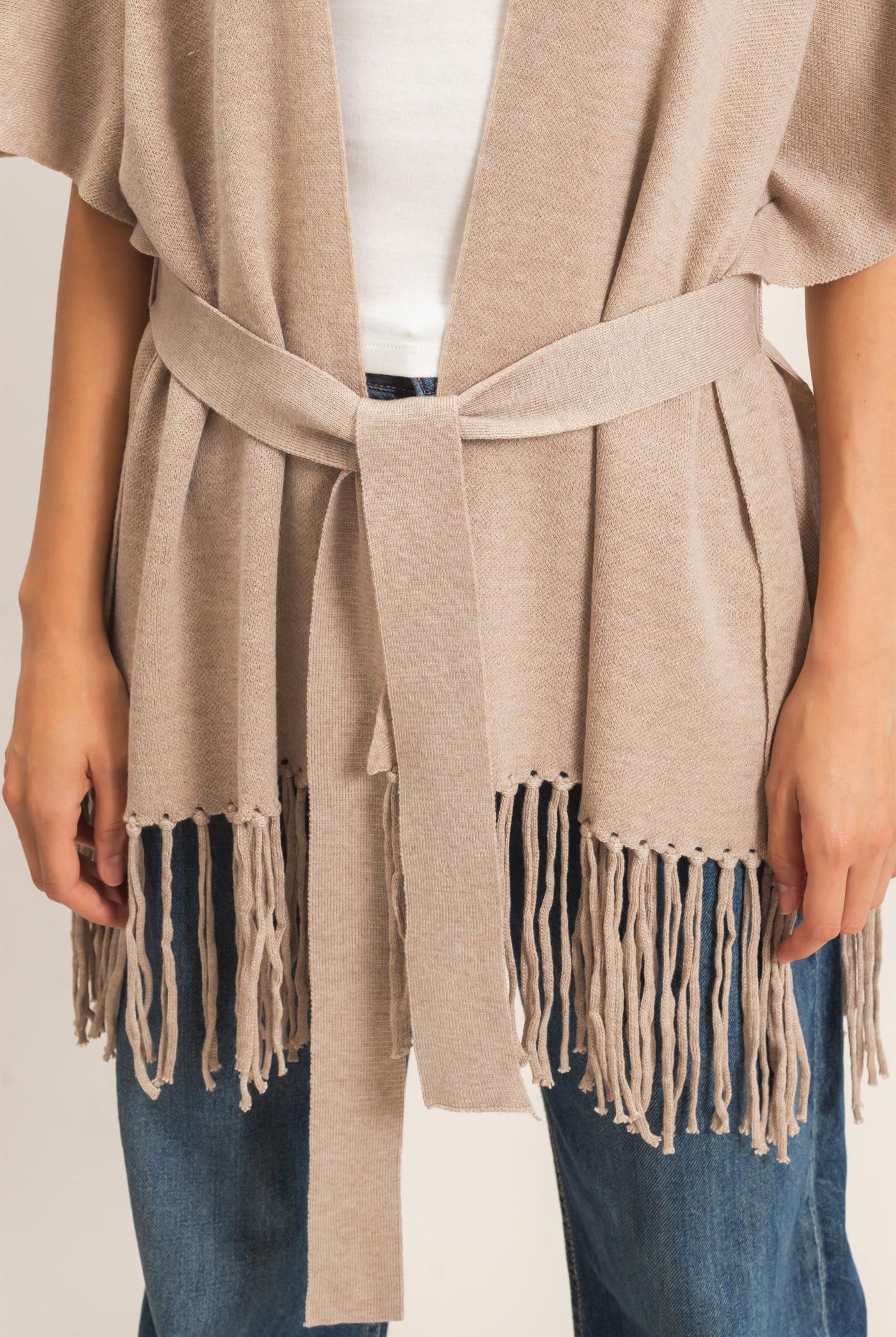 Wholesale Fringe Hem Kimono Sweater Kimonos HF26E041 CAMEL HYFVE