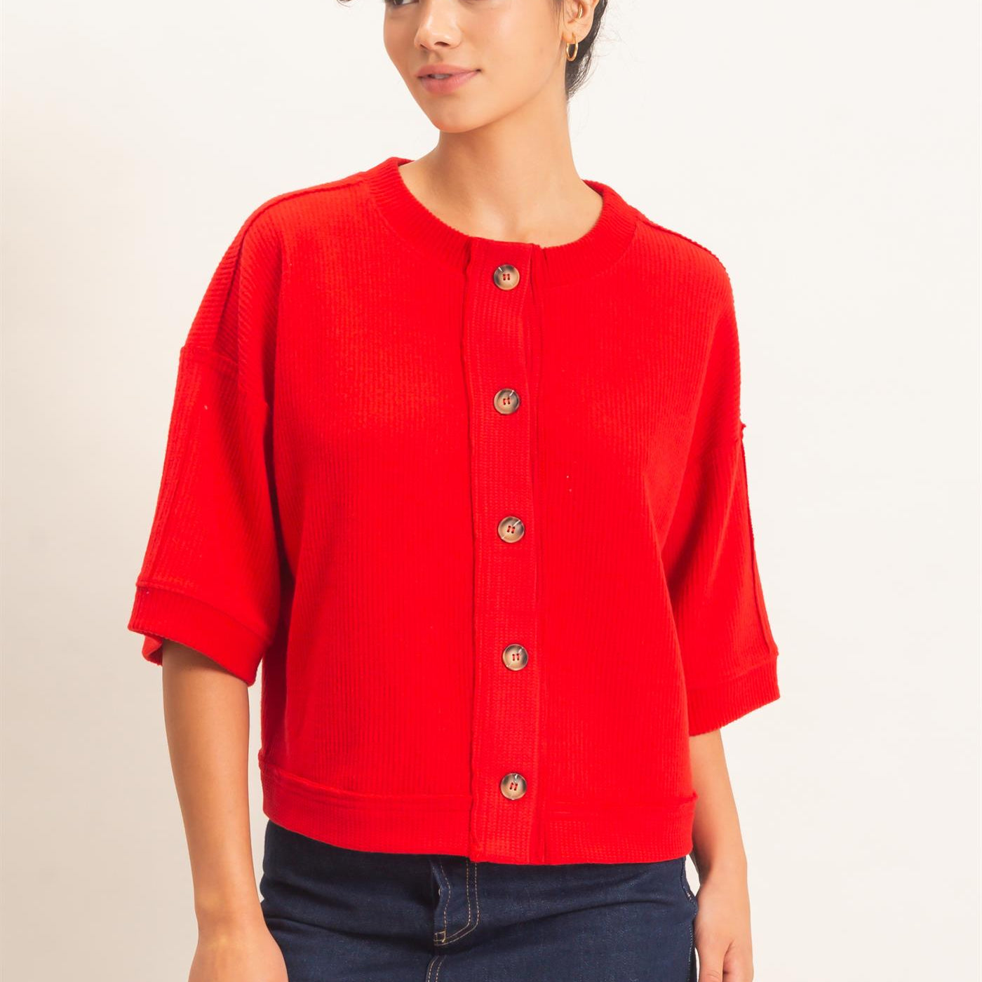 Wholesale Button-Down Short Sleeve Waffle Top Clothing Tops DZ26F244 RED DOUBLE ZERO