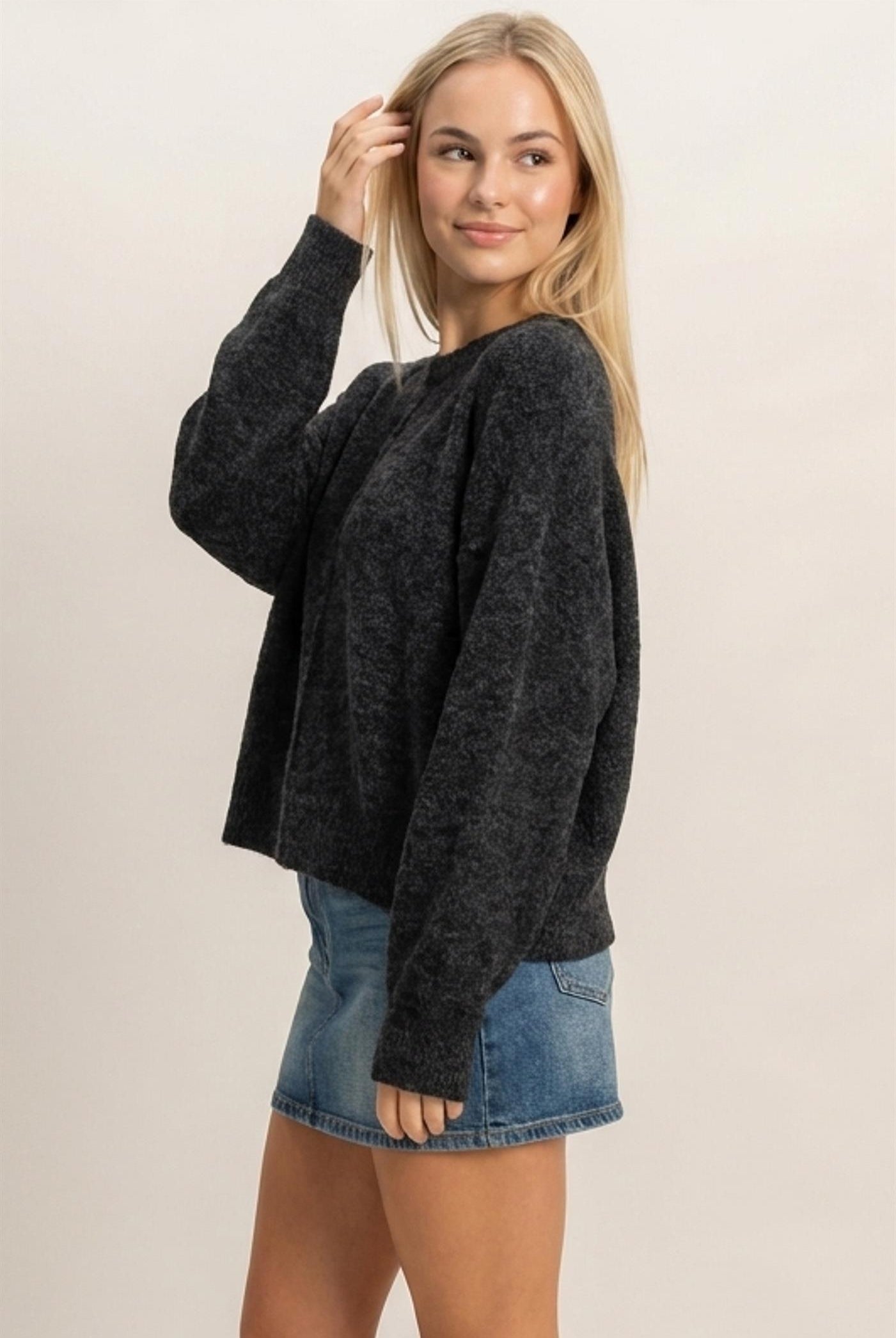 Wholesale Crew Neck Seam Detail Sweater Sweaters DZ26E240 BLACK DOUBLE ZERO