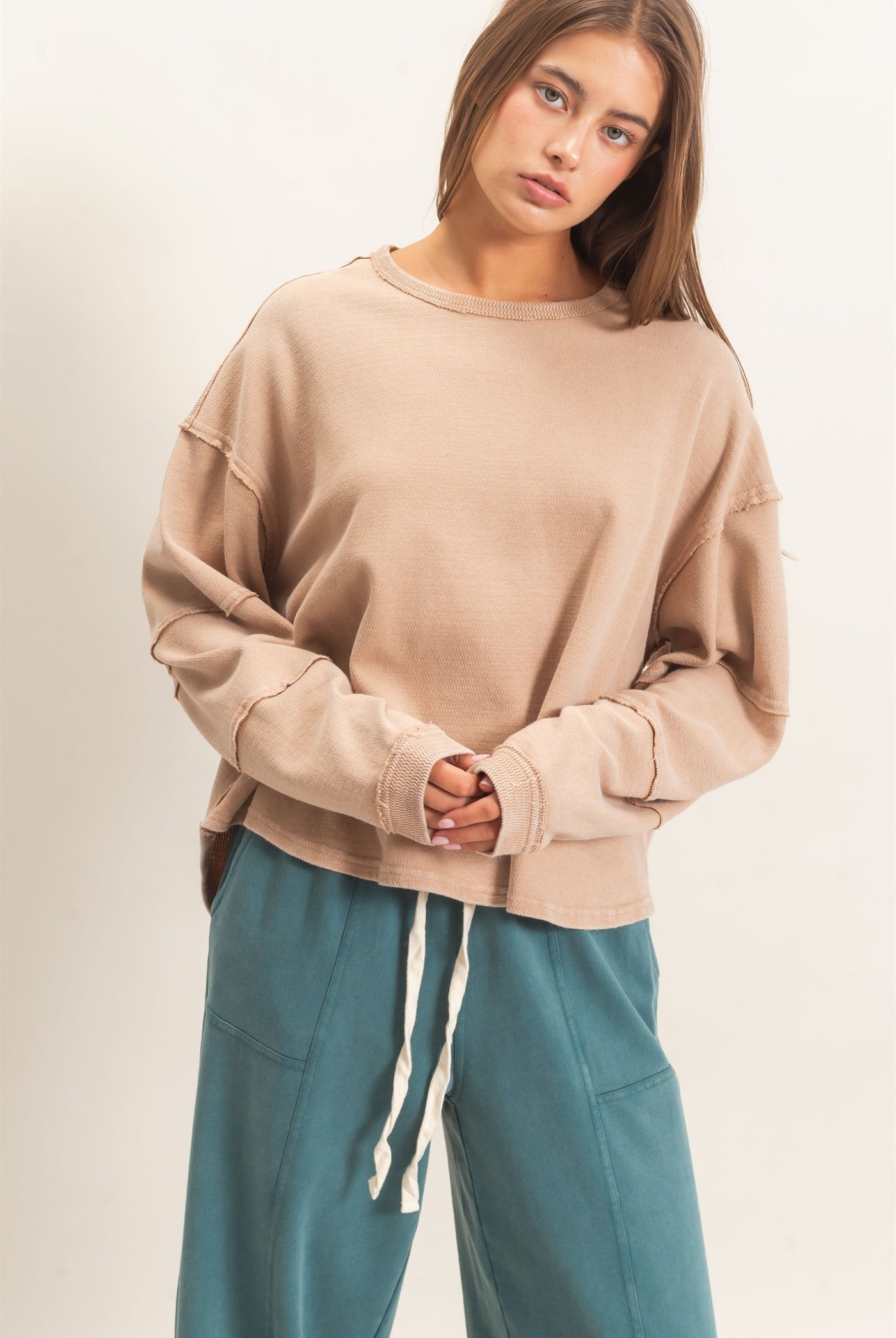 Wholesale Mineral Wash Overzised Raw Edge Crew Neck Top Clothing Tops DZ26E449 DARK TAUPE DOUBLE ZERO