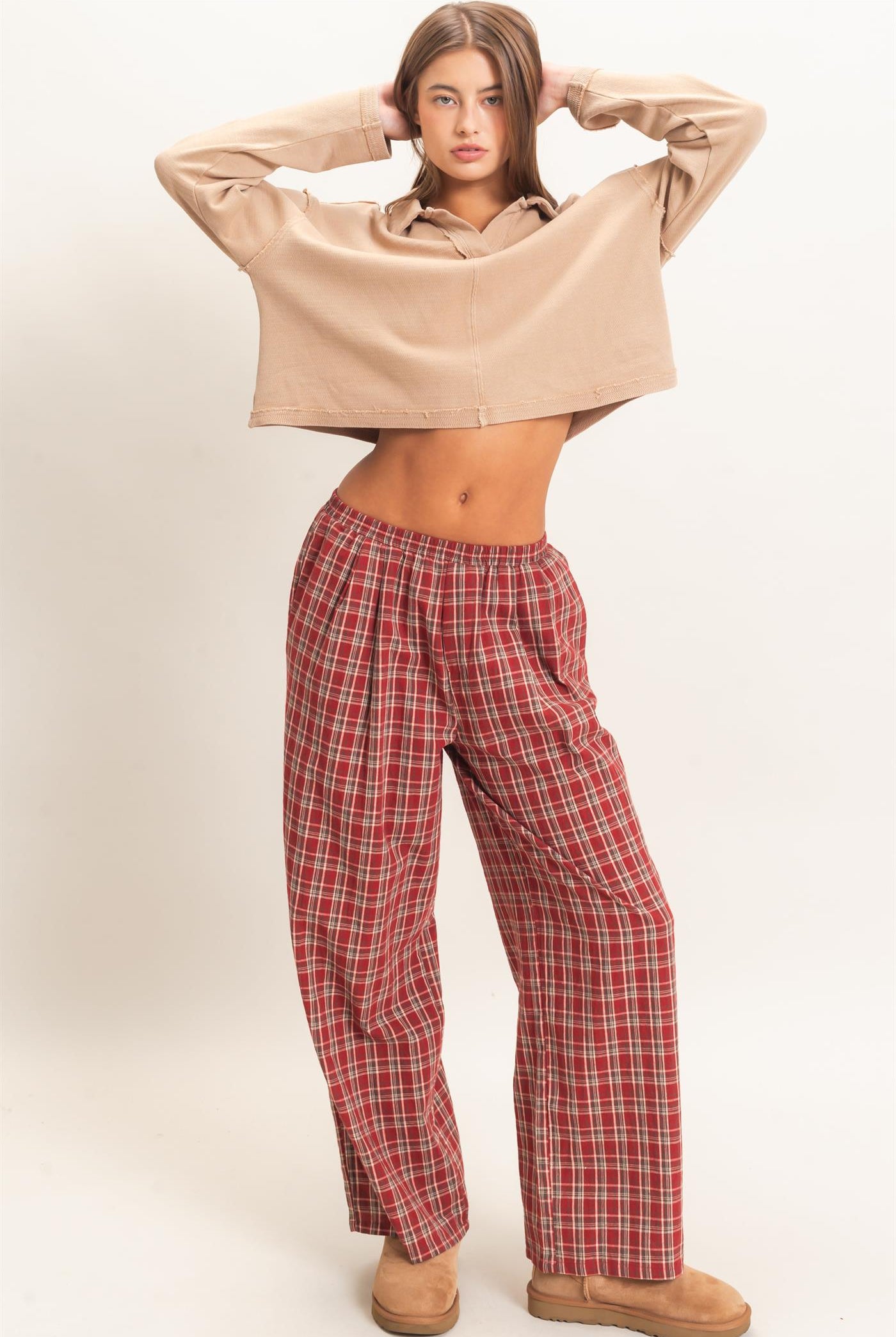 Wholesale Elastic Waist Plaid Pants Pants DZ26E375 DARK RED DOUBLE ZERO