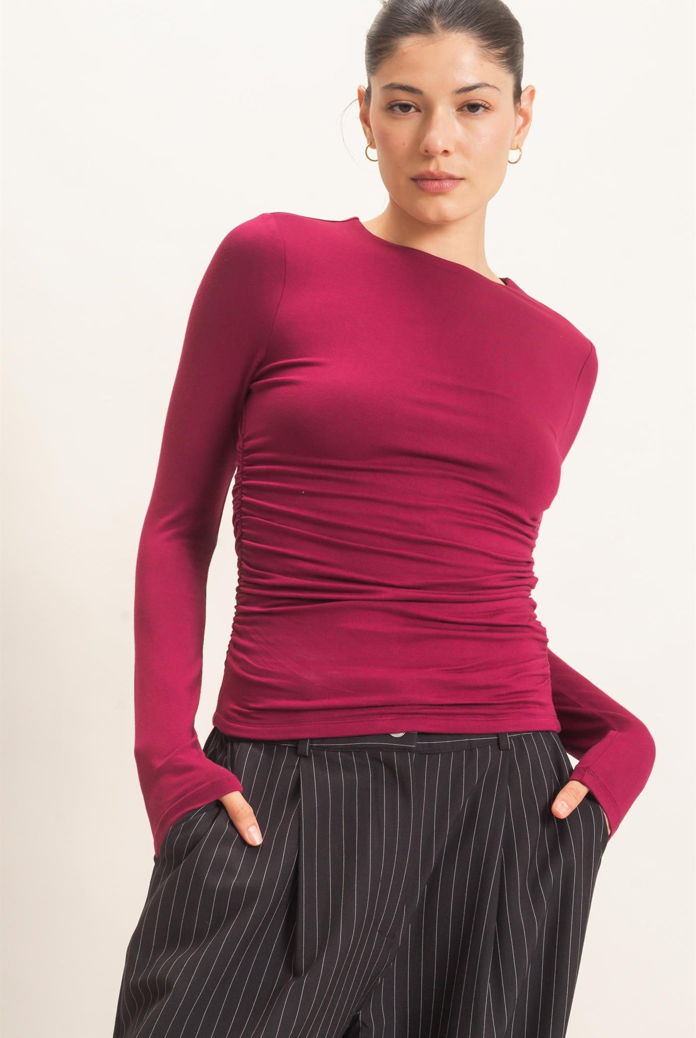 Wholesale Ruched Long Sleeve Top Clothing Tops HF26E776 BURGUNDY HYFVE