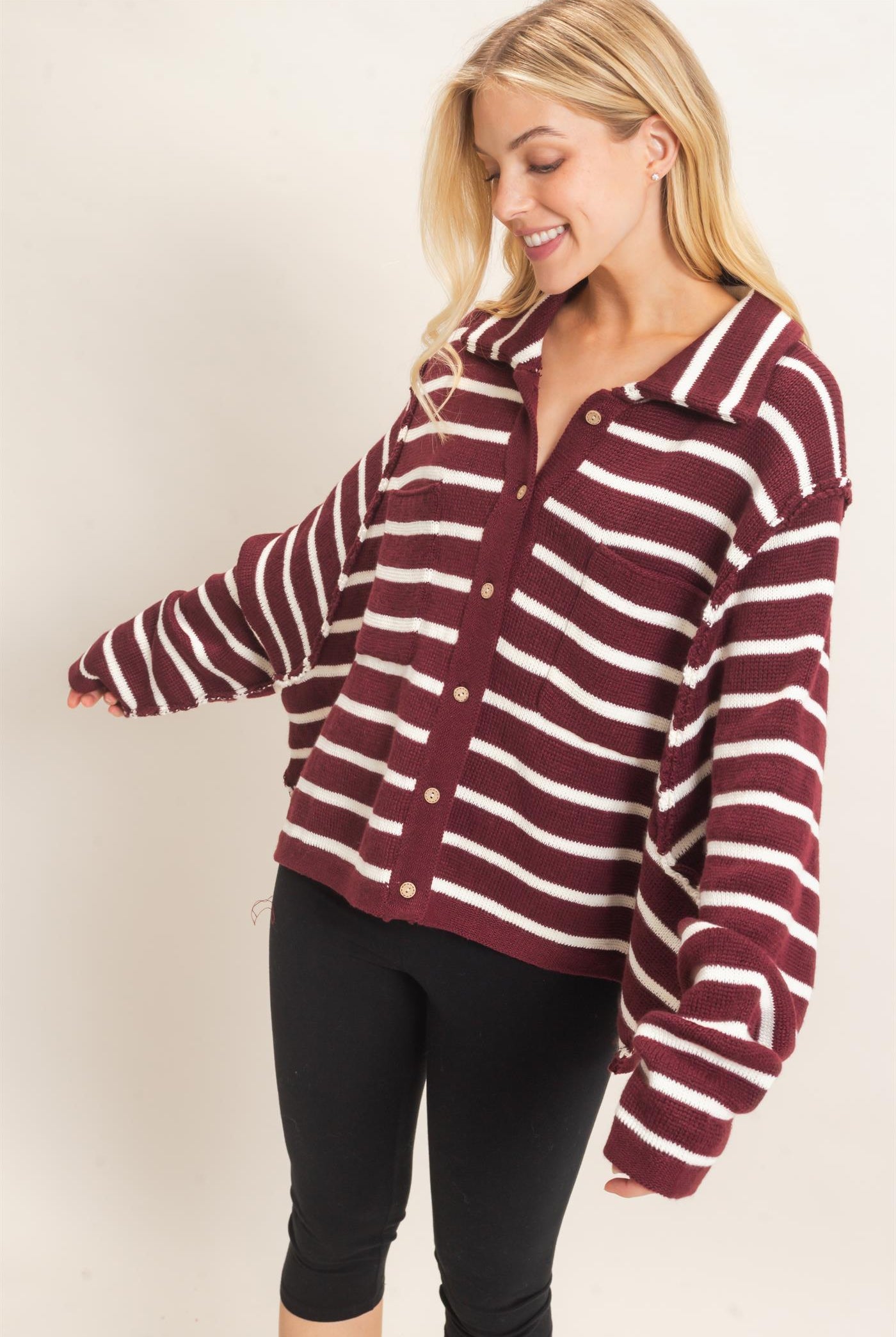 Wholesale Striped Button Front Cardigan Sweaters HF26F197 WINE HYFVE