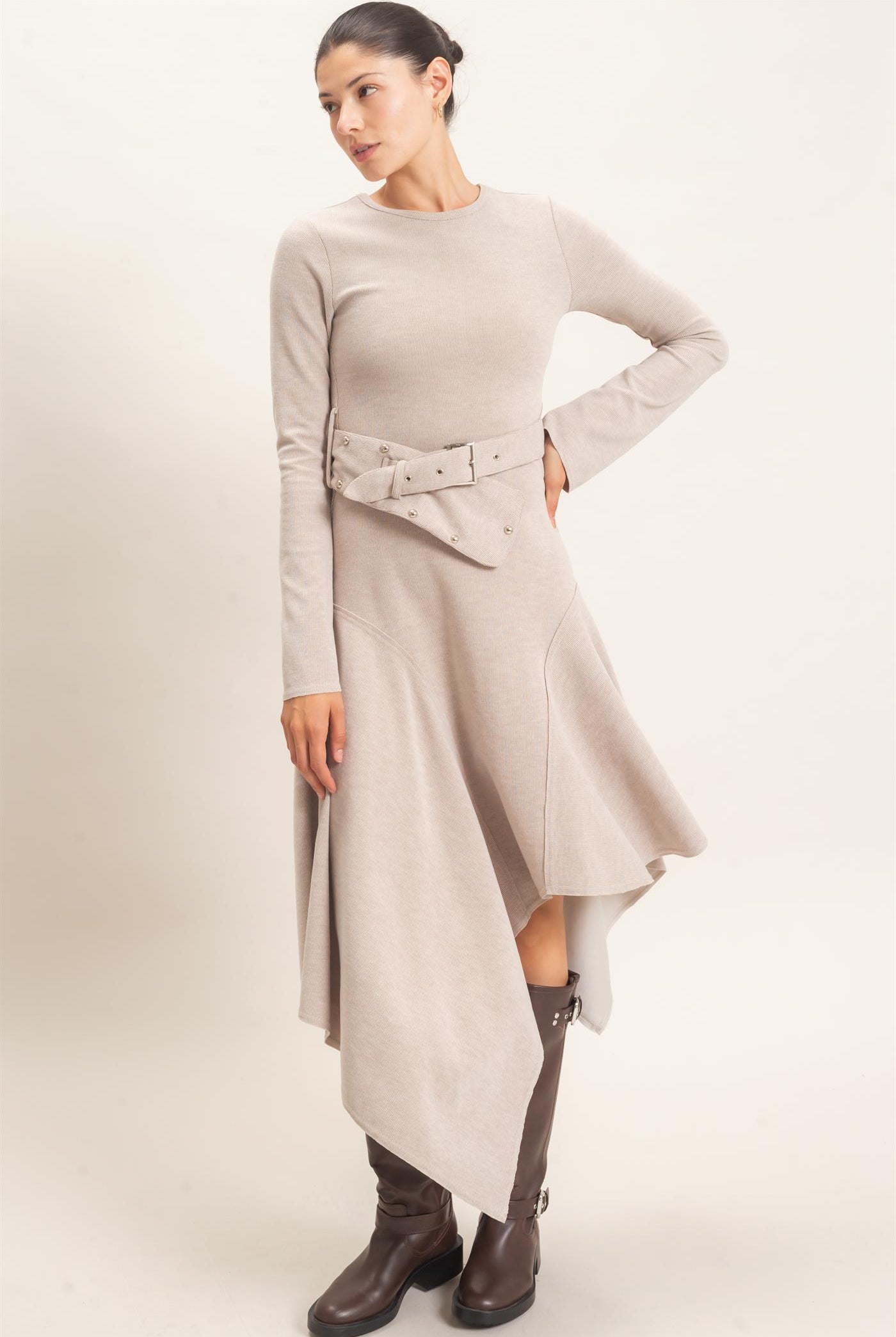 Wholesale Asymmetrical Knit Dress Dresses HF26E992 BEIGE HYFVE