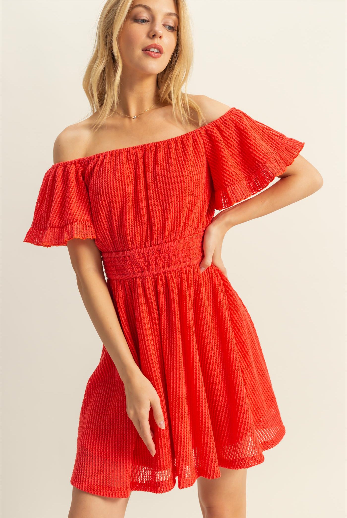 Wholesale Crochet Off-The-Shoulder Mini Dress Dresses HF25E125 CORAL HYFVE