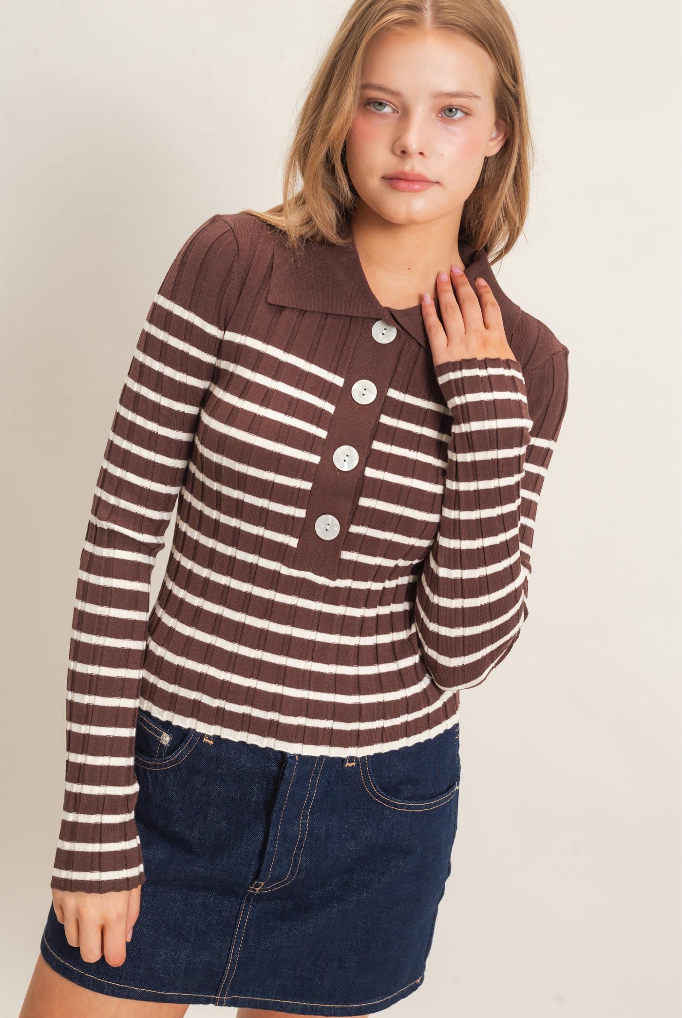 Wholesale Ribbed Collared Sweater Sweaters HF26E534 CHESTNUT HYFVE