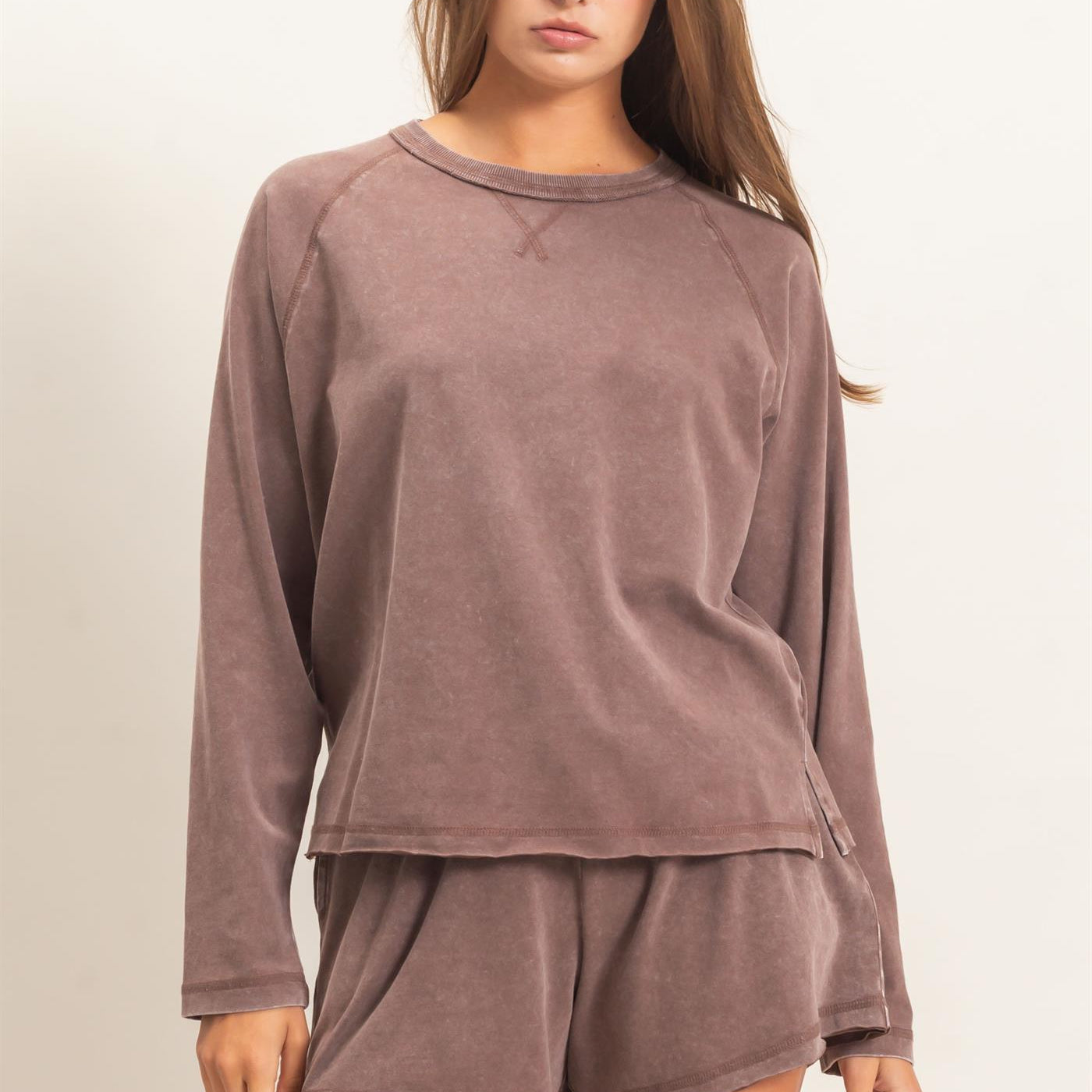 Wholesale Mineral Wash Long Sleeve Raw Edge Top & Shorts Set Clothing DZ26F403-SET DARK BROWN DOUBLE ZERO