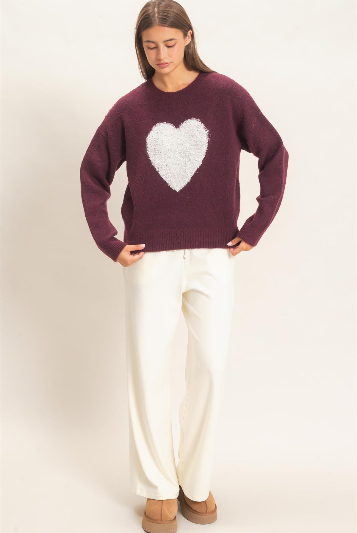 Wholesale Heart Graphic Sweater Sweaters DZ26E430 DARK CHERRY DOUBLE ZERO