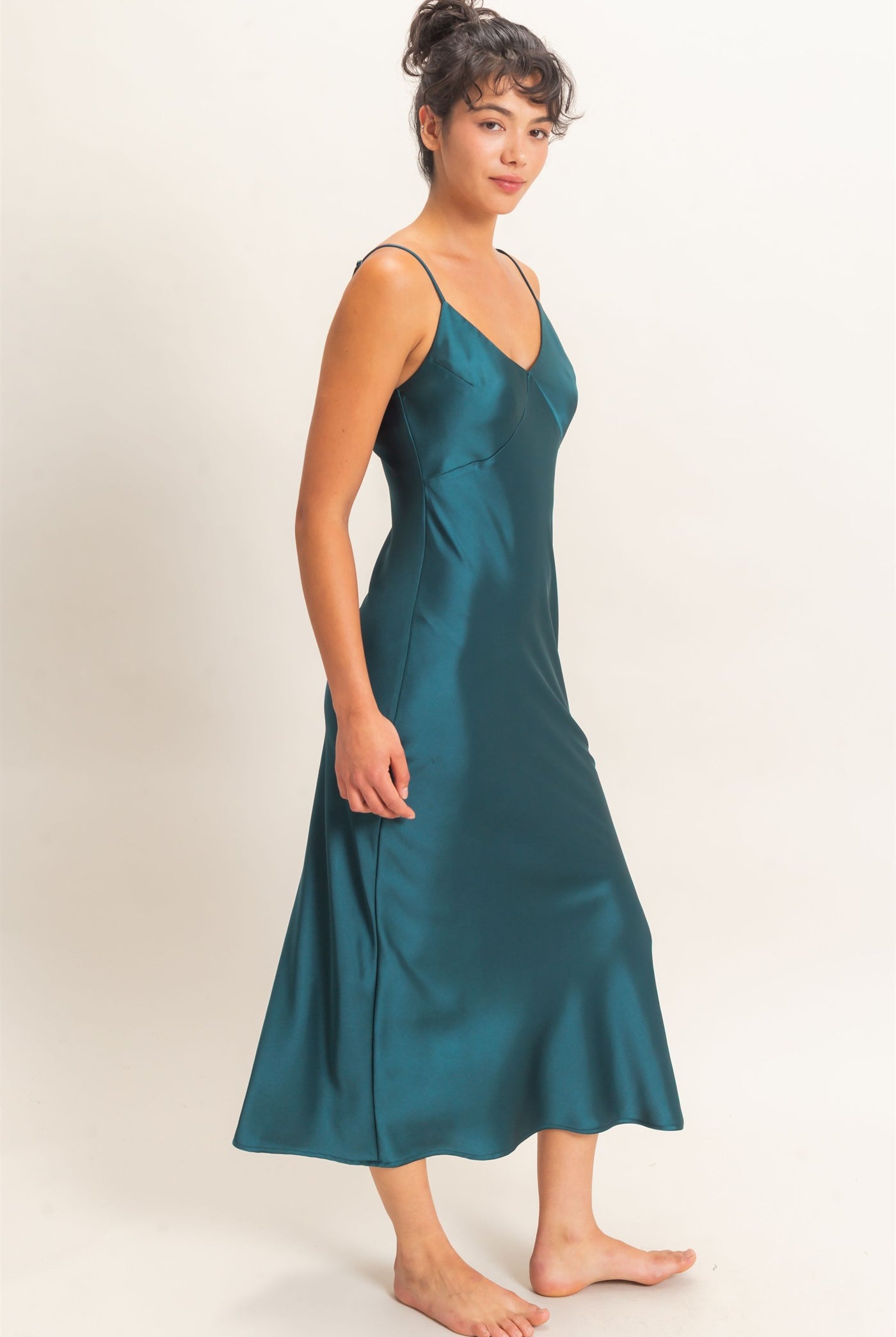 Wholesale Satin V-Neck Slip Dress Dresses DZ26E262 DARK TEAL DOUBLE ZERO