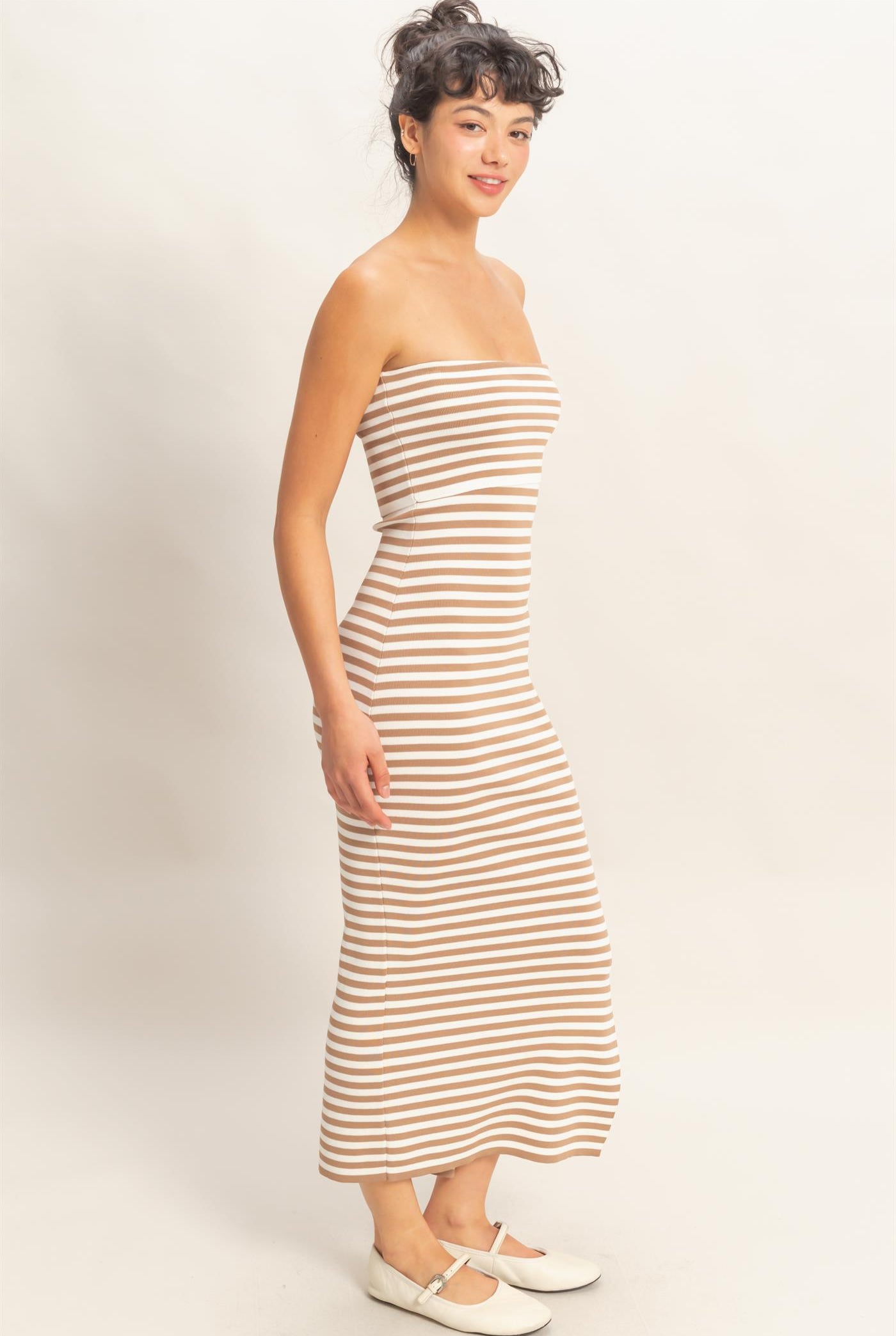 Wholesale Strapless Striped Bodycon Midi Dress Dresses DZ26C336 TAUPE DOUBLE ZERO