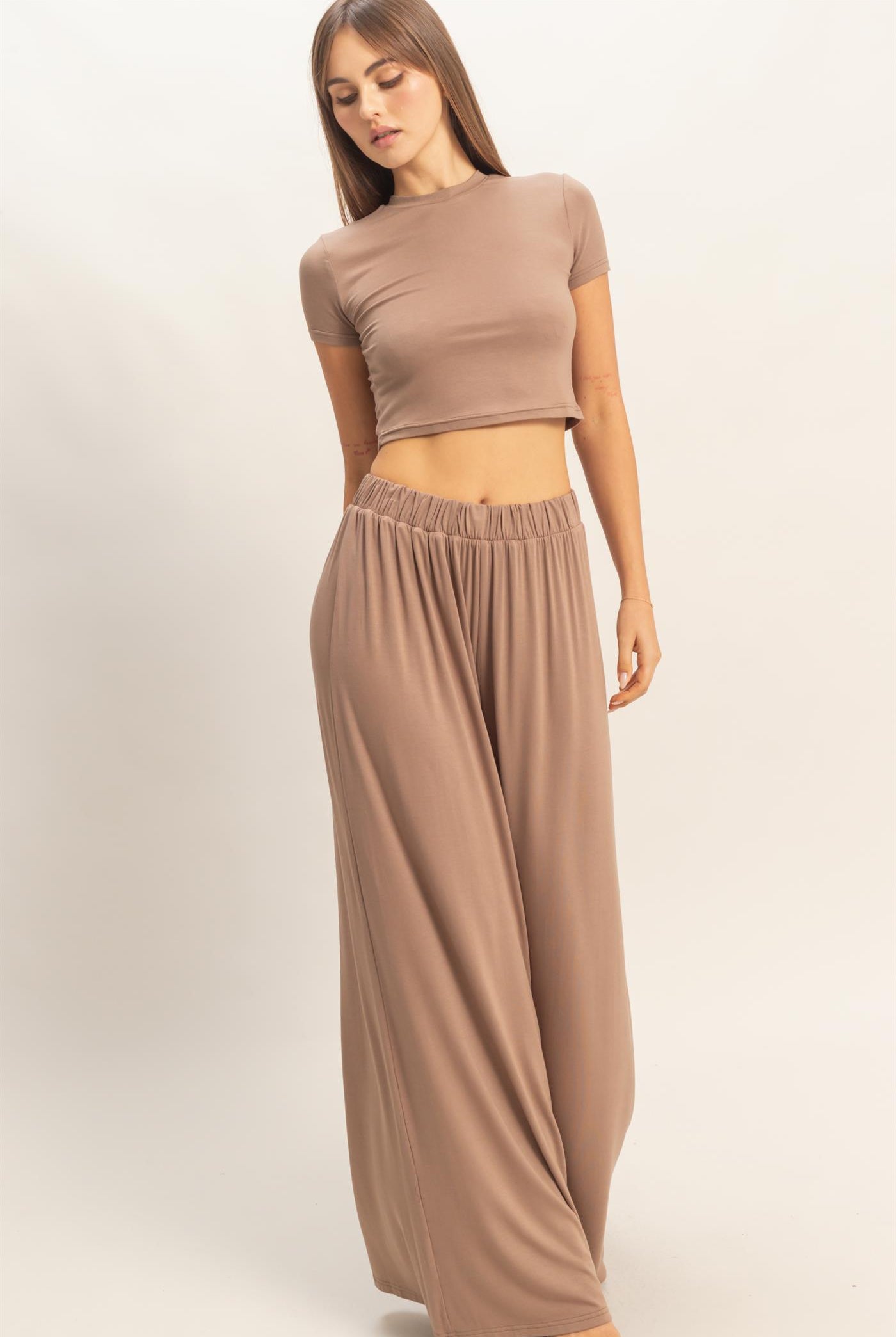 Wholesale Short Sleeve Top & Wide Leg Pants Set Clothing HF26C310-SET-D D.TAUPE HYFVE