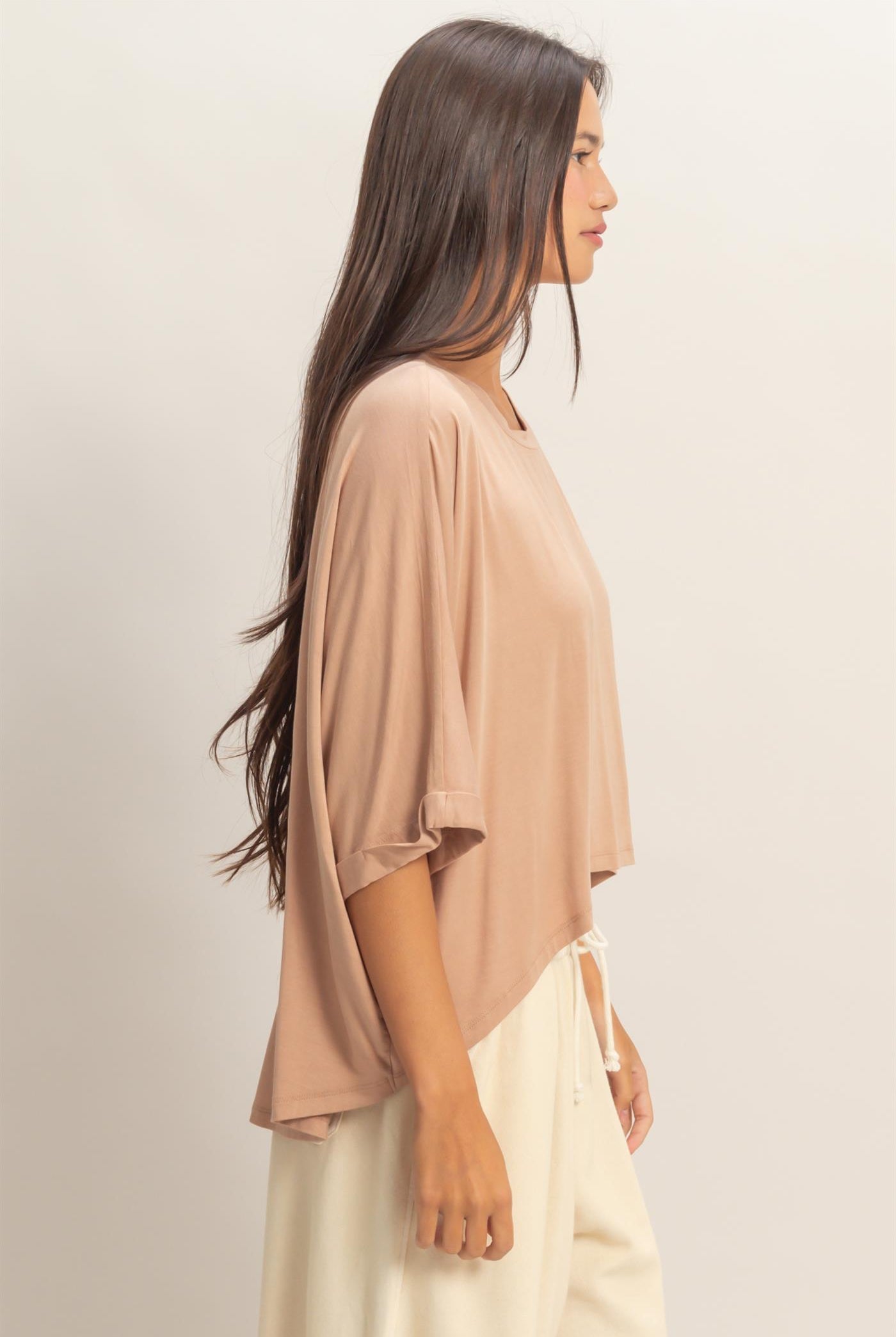 Wholesale Relaxed High-Low Batwing Sleeve Top Shirts DZ26A742 DARK TAUPE DOUBLE ZERO