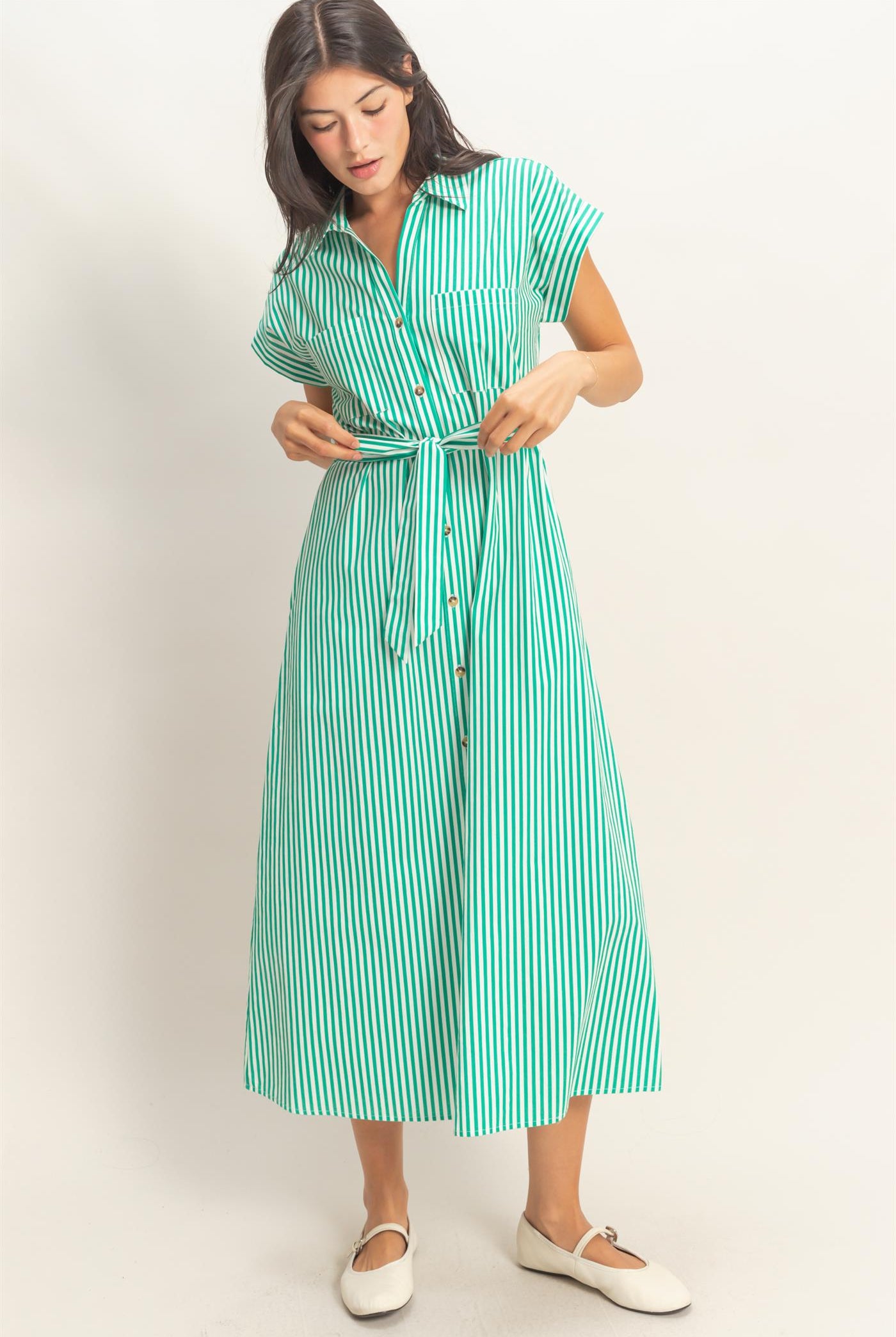 Wholesale Striped Poplin Belted Shirt Dress With Pockets Dresses DZ26C129 GREEN DOUBLE ZERO