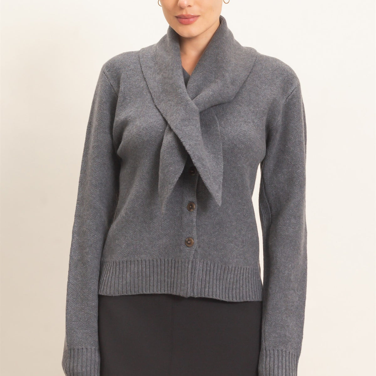 Wholesale Attached Scarf Button-Front Cardigan Cardigans HF26E870 CHARCOAL HYFVE