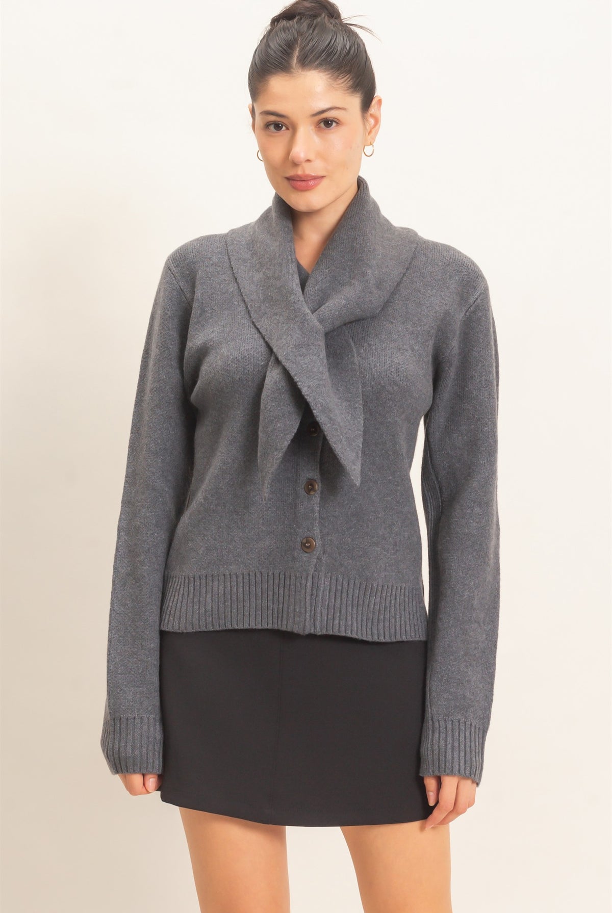 Wholesale Attached Scarf Button-Front Cardigan Cardigans HF26E870 CHARCOAL HYFVE