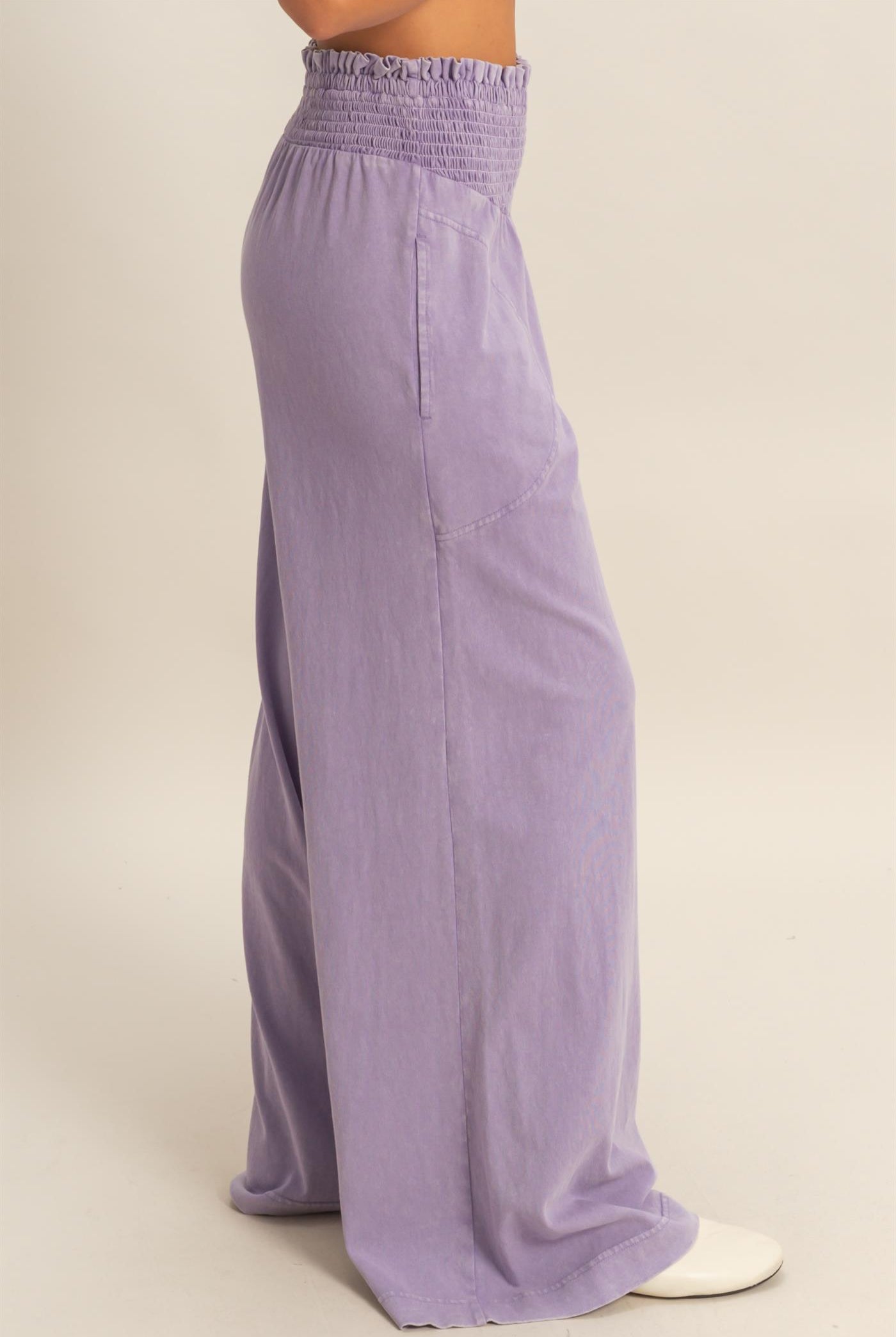 Wholesale Mineral Washed Wide-Leg Smocked Waist Pants Pants DZ26A249 DUSTY PURPLE DOUBLE ZERO
