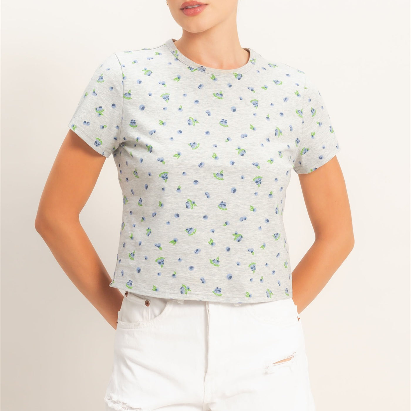 Wholesale Blueberry Print Crew Neck Tee Clothing Tops HF26C787 HEATHER GRAY HYFVE