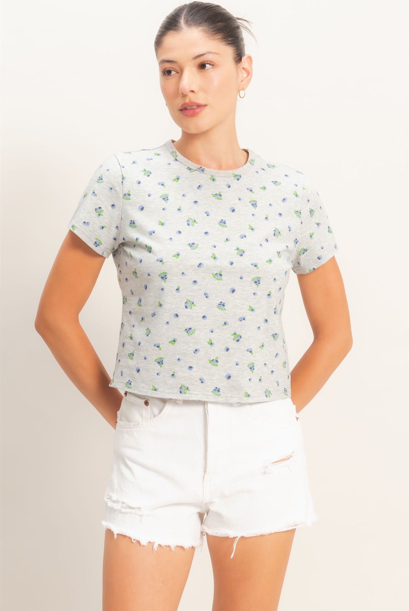 Wholesale Blueberry Print Crew Neck Tee Clothing Tops HF26C787 HEATHER GRAY HYFVE