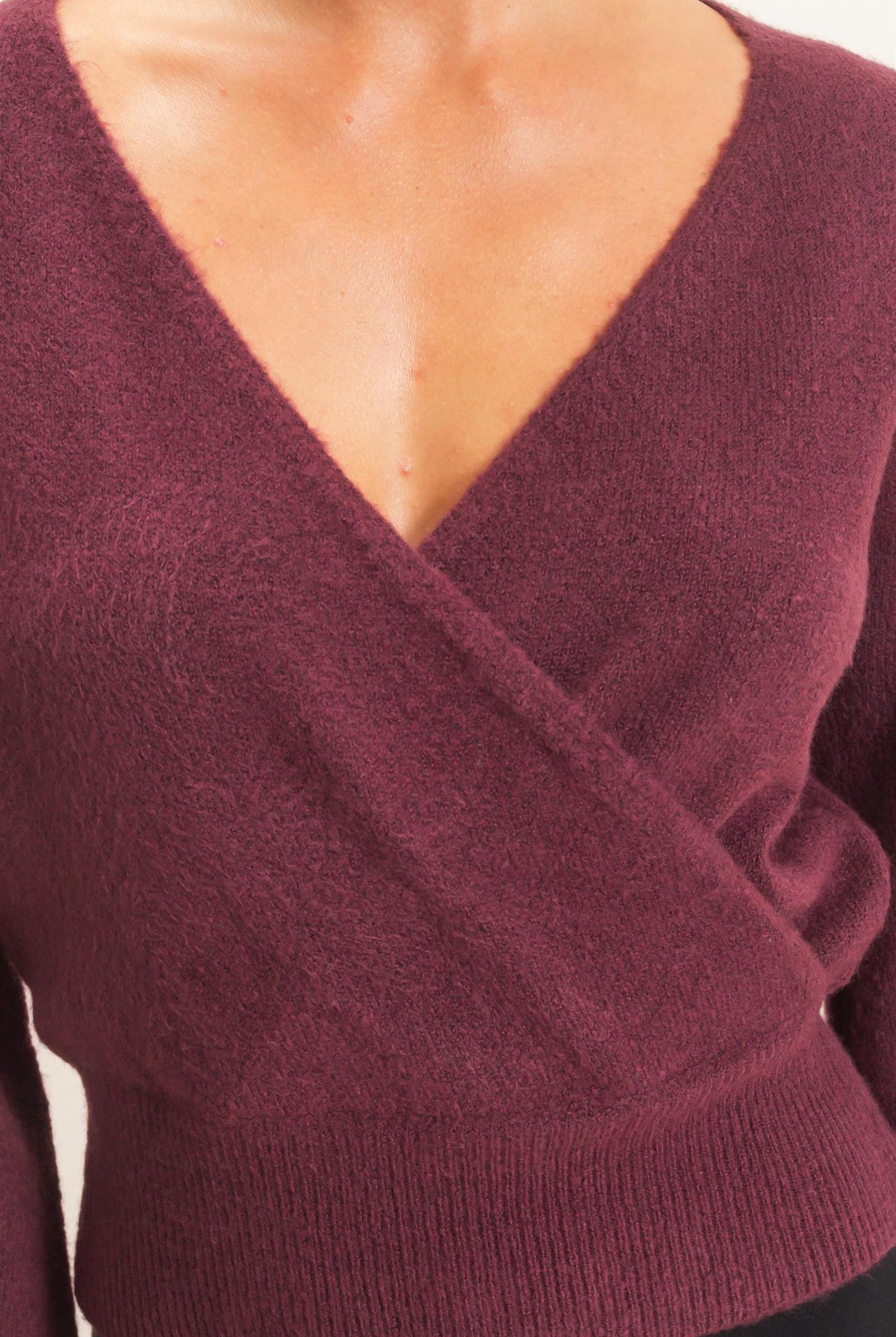 Wholesale Wrap V Neck Sweater Sweaters DZ26E948 DARK CHERRY DOUBLE ZERO