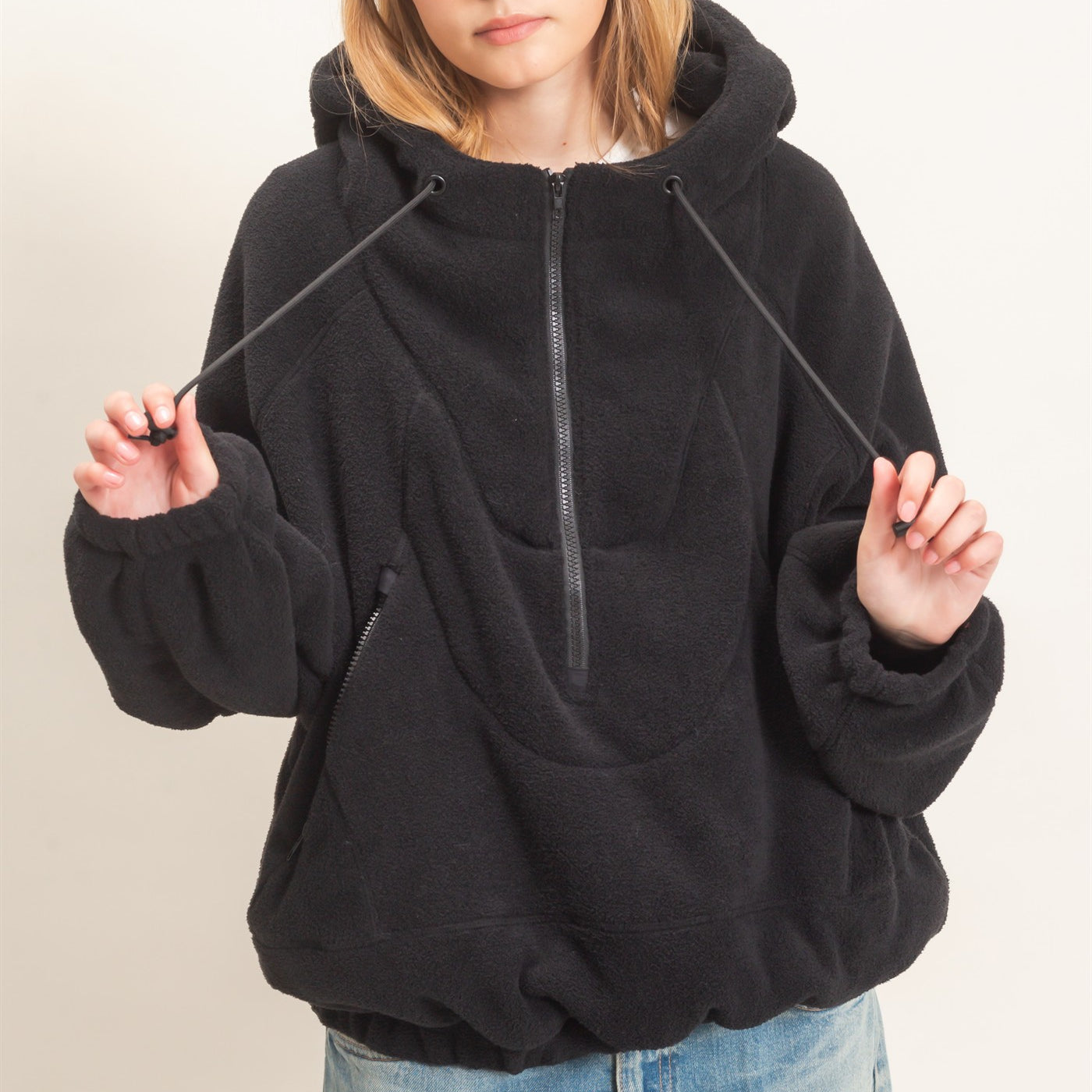 Wholesale Half-Zip Fleece Hoodie Hoodies HF26E561 BLACK HYFVE