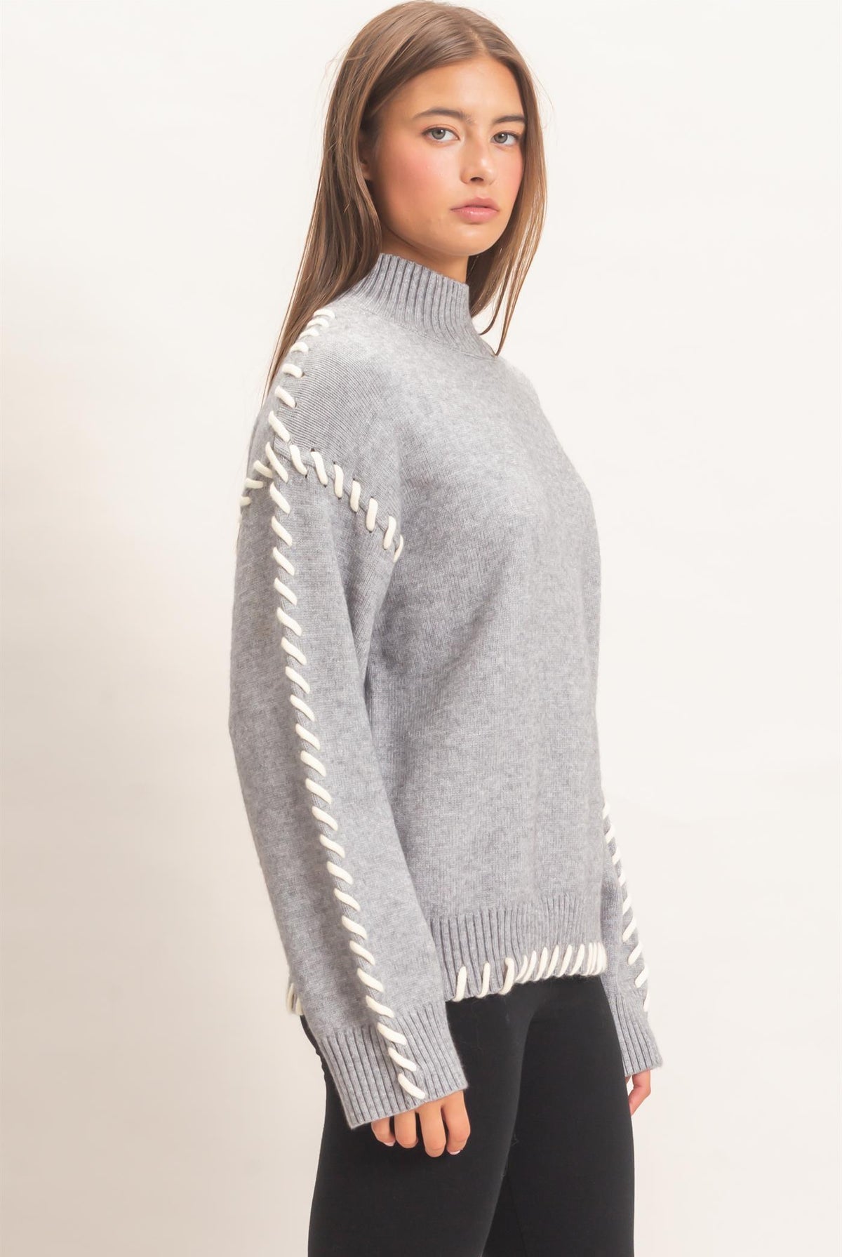 Wholesale Blanket Stitch High Neck Sweater Sweaters DZ27A190 HEATHER GRAY DOUBLE ZERO