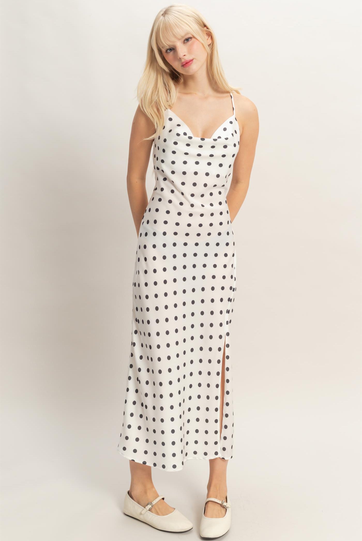 Wholesale Polka Dot Spaghetti Strap Cowl Neck Midi Dress Dresses DZ26C049 WHITE DOUBLE ZERO