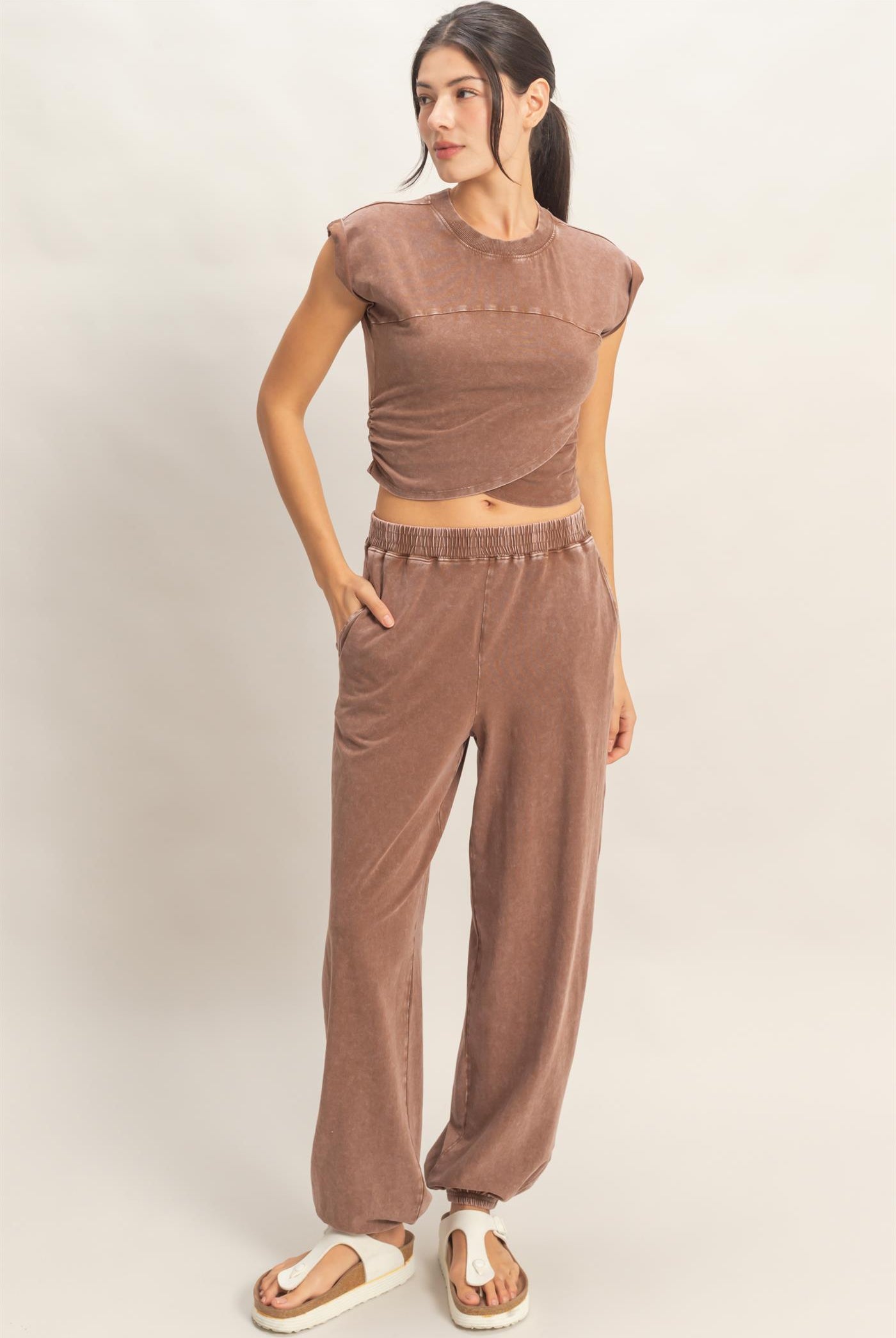 Wholesale Rolled Sleeve Wrap-Front Crop Top And Jogger Set Clothing DZ26A172-SET CHOCOLATE DOUBLE ZERO