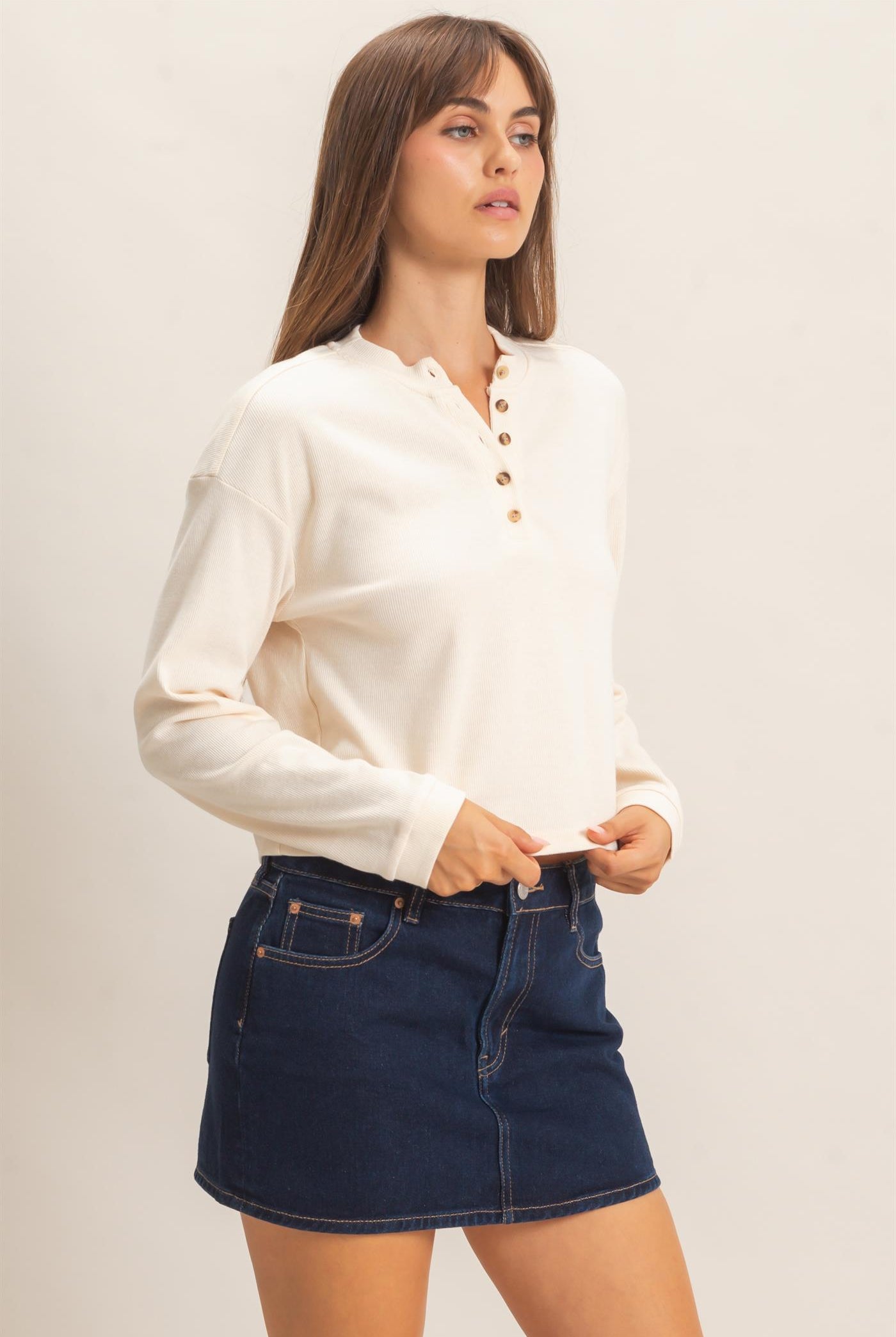 Wholesale Buttoned Henley Top Clothing Tops HF26F081 CREAM HYFVE
