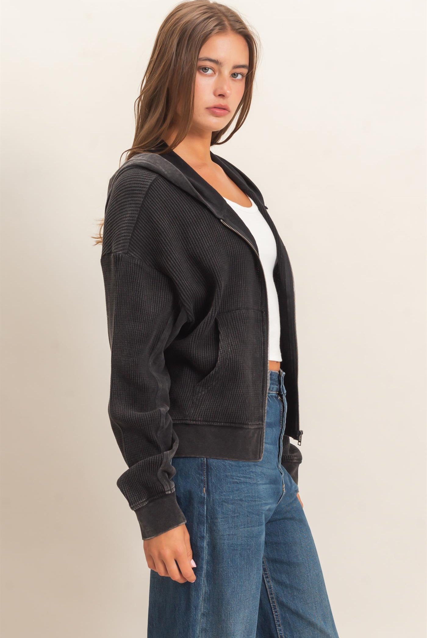 Wholesale Acid Wash Waffle Knit Zip-Up Hoodie Hoodies DZ26E401 BLACK DOUBLE ZERO