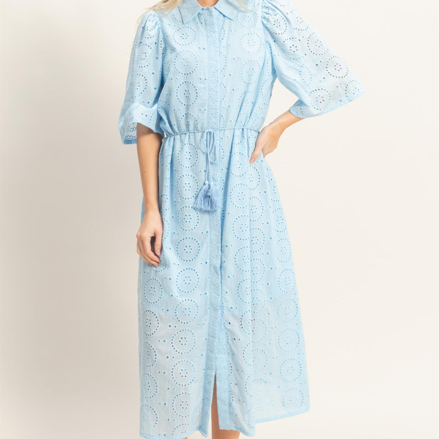 Wholesale Eyelet Collared Midi Dress Dresses HF26A021 L.BLUE HYFVE