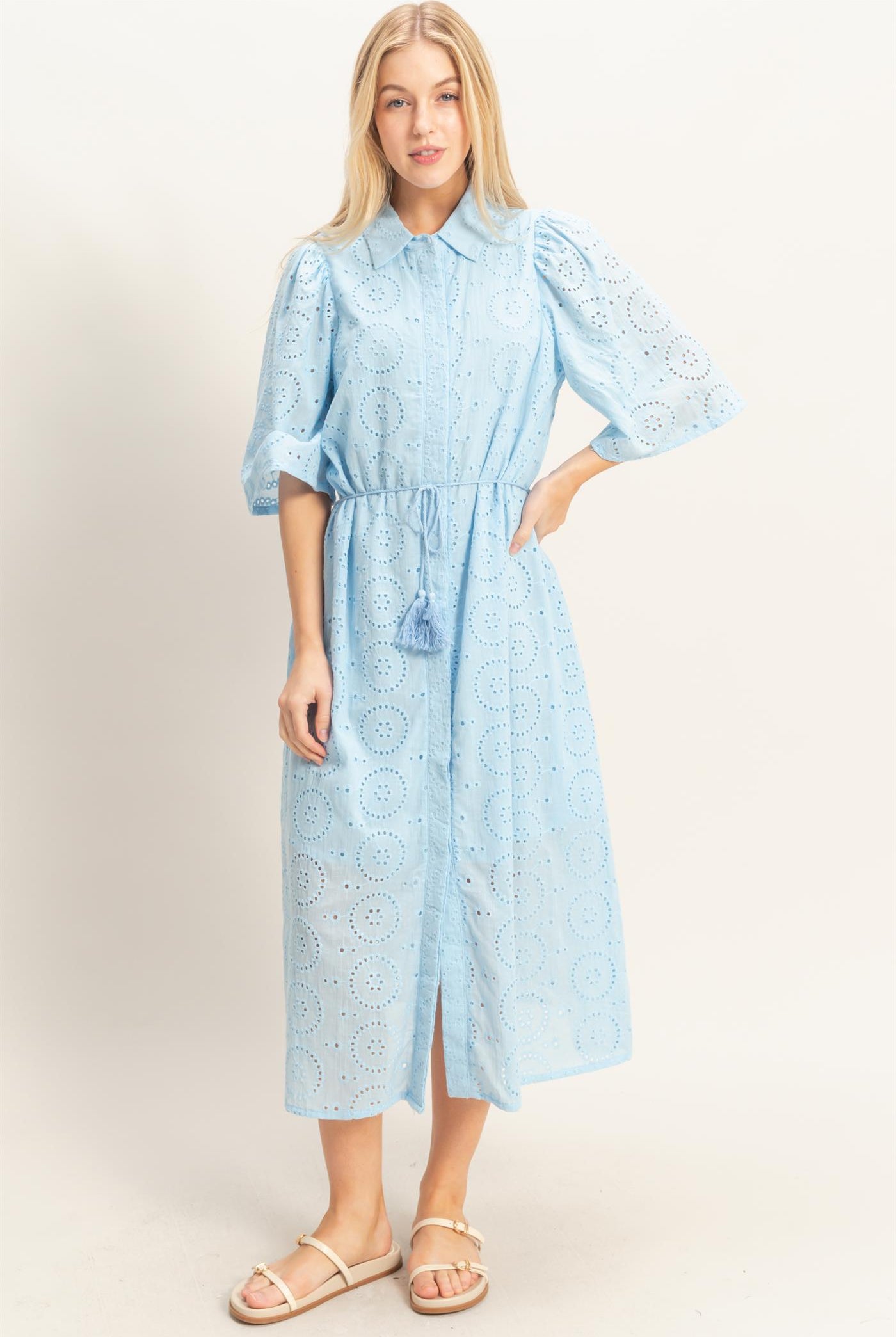 Wholesale Eyelet Collared Midi Dress Dresses HF26A021 L.BLUE HYFVE