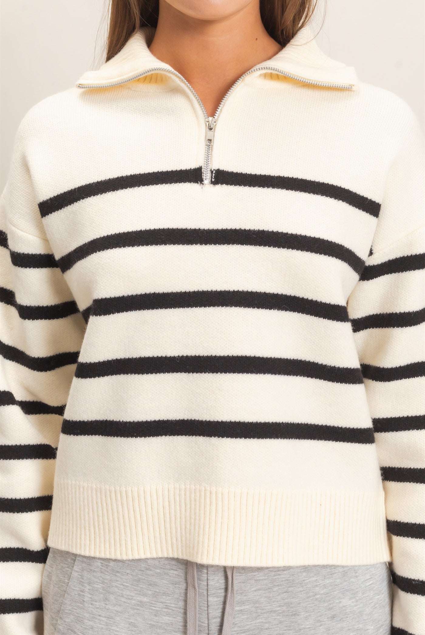 Wholesale Half-Zip Collared Stripe Sweater Sweaters DZ26E950 CREAM DOUBLE ZERO