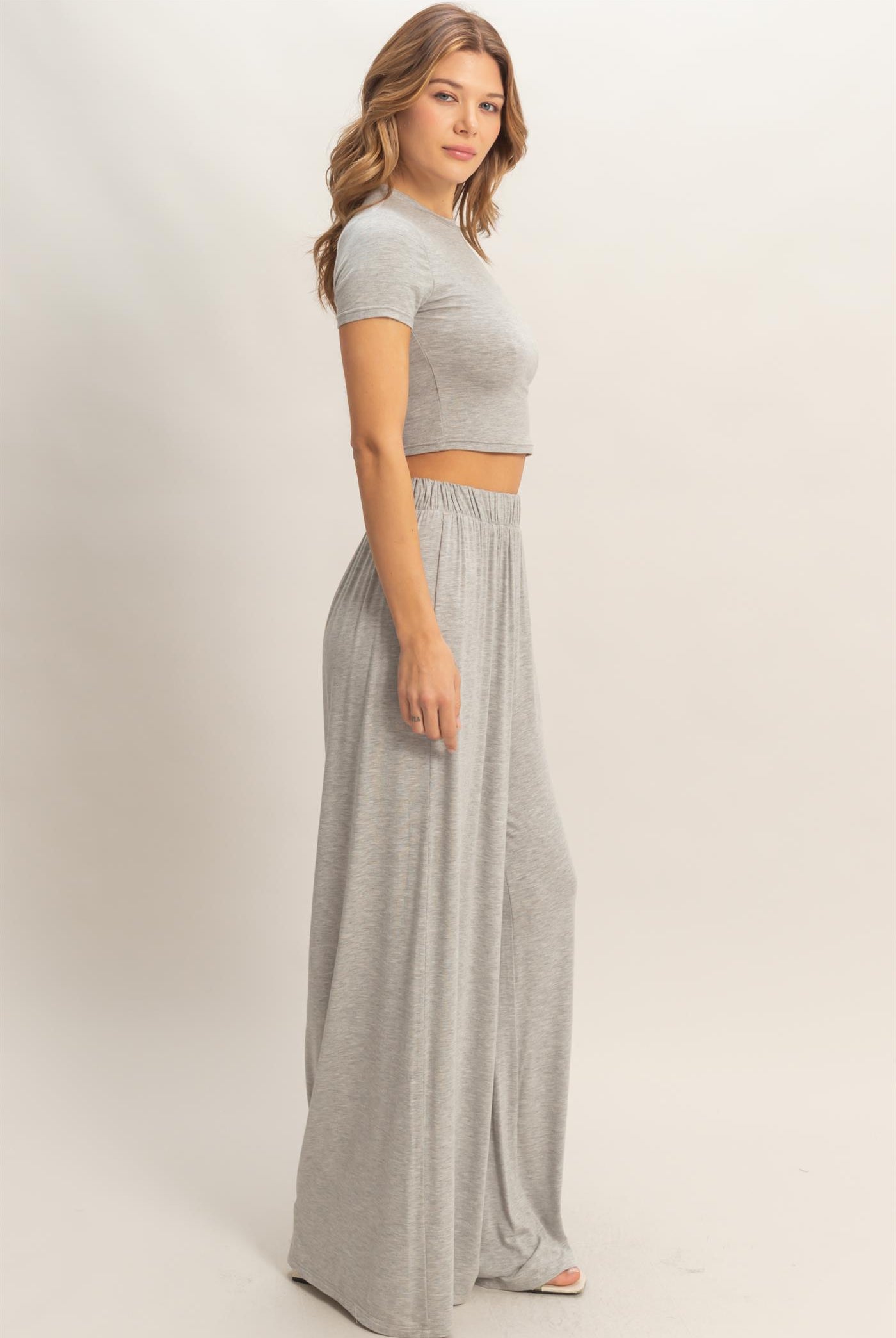 Wholesale Short Sleeve Top & Wide Leg Pants Set Clothing HF26C310-SET-D H.GRAY HYFVE