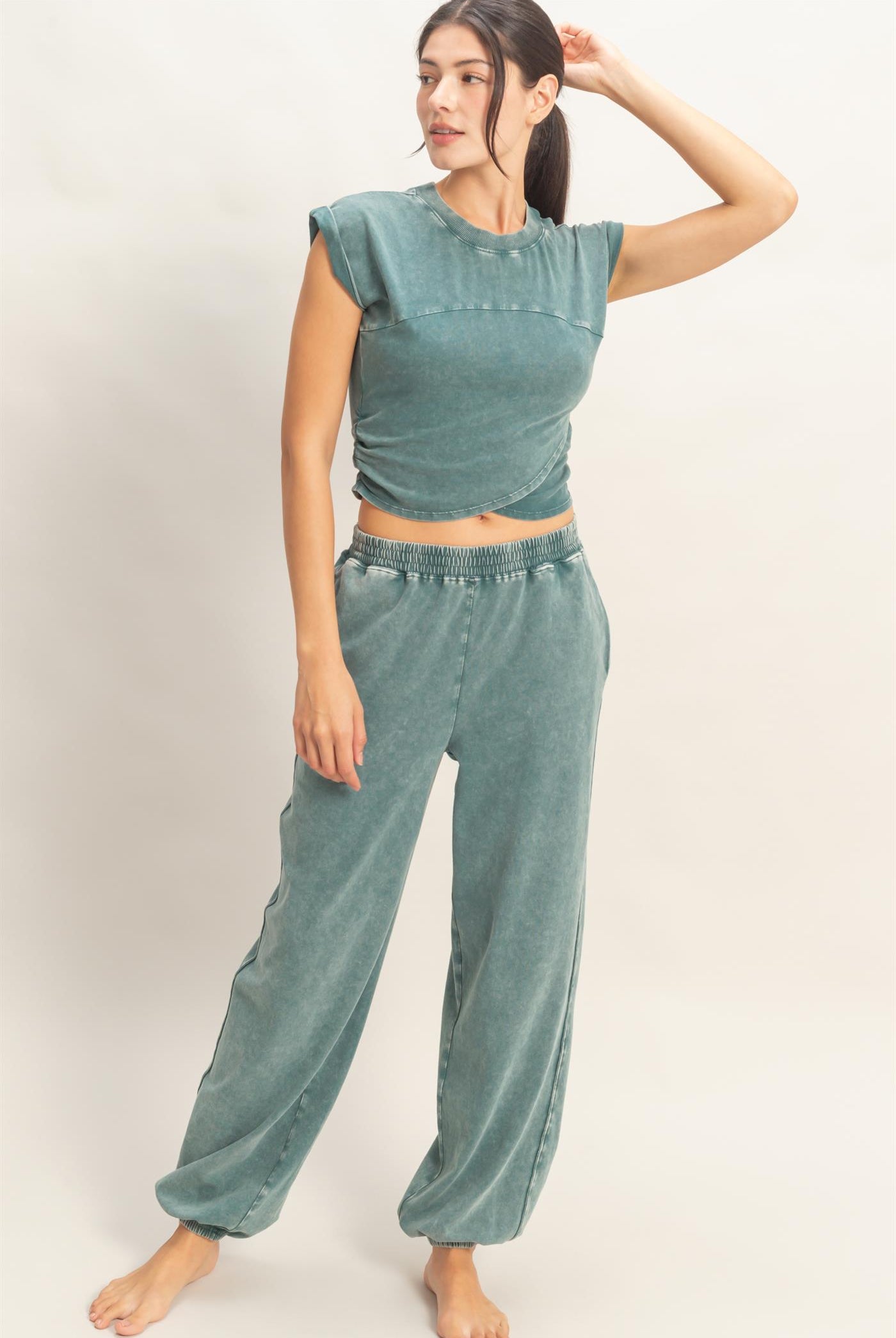 Wholesale Rolled Sleeve Wrap-Front Crop Top And Jogger Set Clothing DZ26A172-SET DARK TEAL DOUBLE ZERO