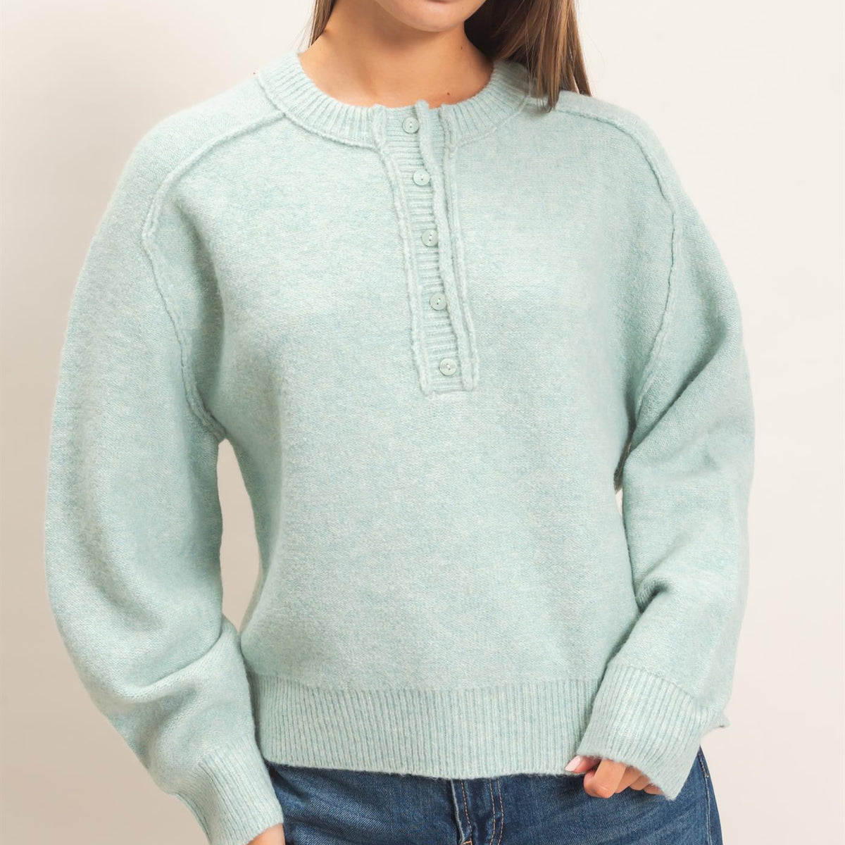 Wholesale Henley Sweater With Reverse Seams Sweaters DZ26F004 PALE GREEN DOUBLE ZERO
