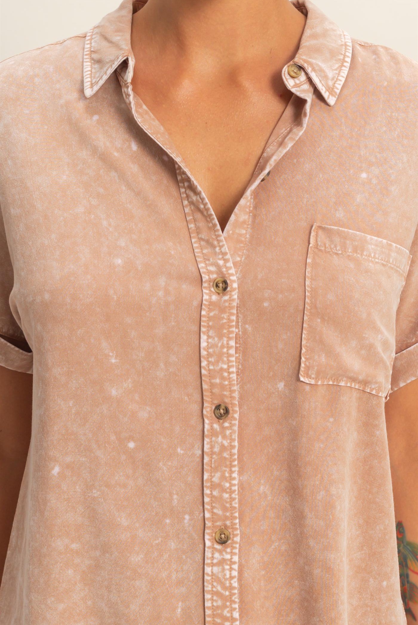 Wholesale Mineral Wash Button-Up Dolman Sleeve Shirt Shirts DZ26C132 DARK TAUPE DOUBLE ZERO
