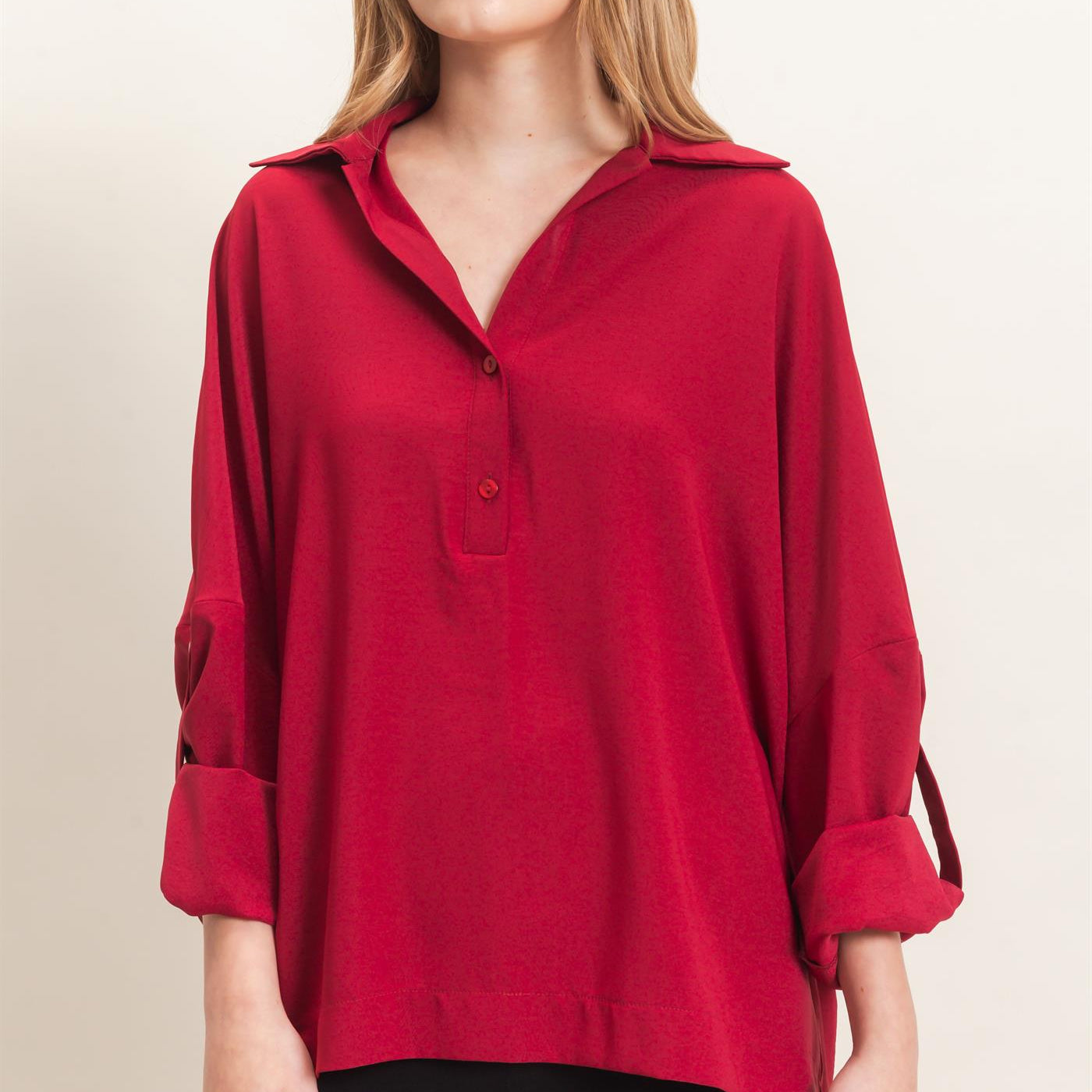 Wholesale Buttoned Collar Split Sleeve Top Clothing Tops HF26F071 BURGUNDY HYFVE