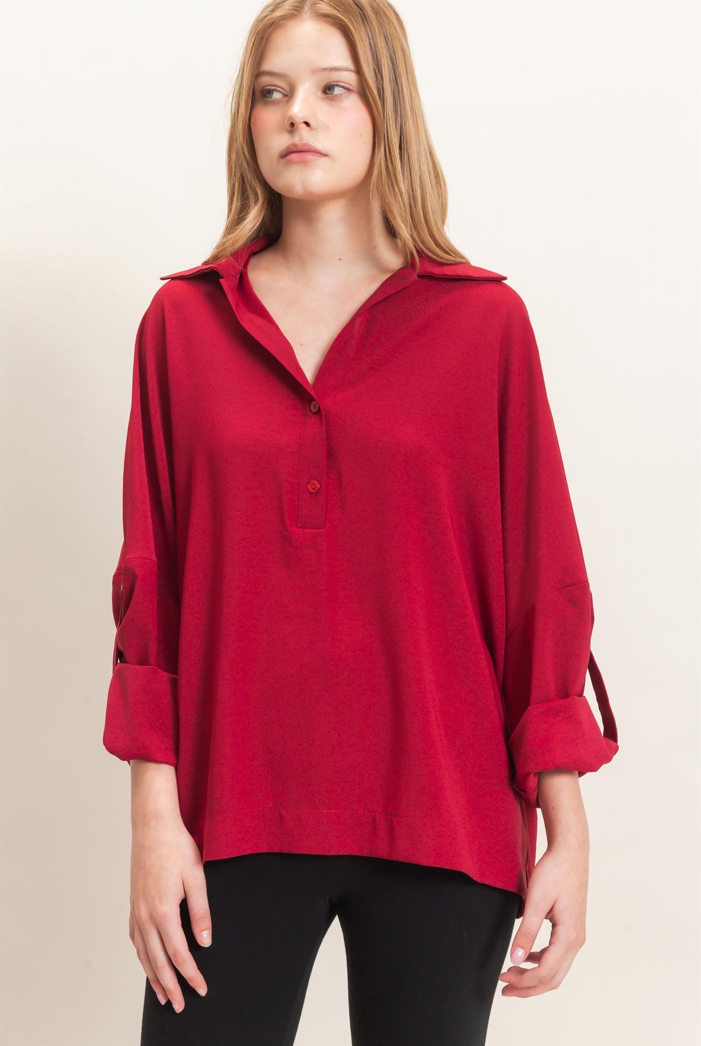 Wholesale Buttoned Collar Split Sleeve Top Clothing Tops HF26F071 BURGUNDY HYFVE