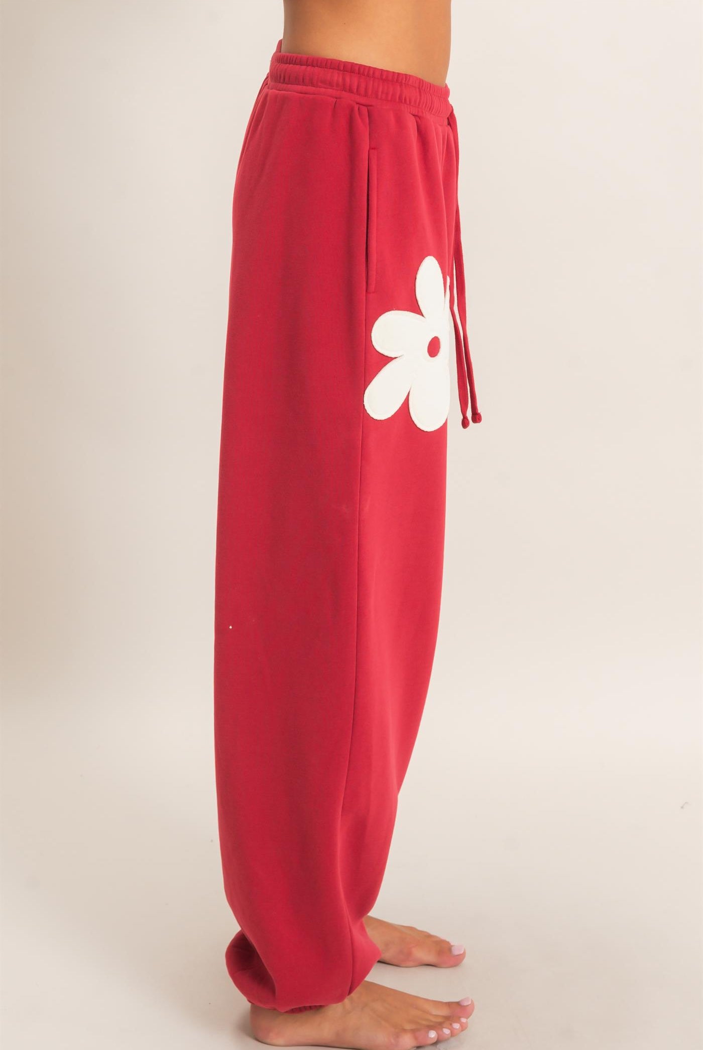 Wholesale Floral Applique Drawstring Jogger Pants Joggers DZ26F308 DARK RED DOUBLE ZERO