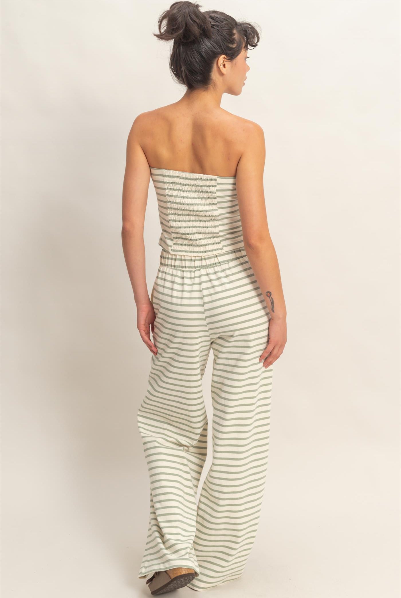 Wholesale Striped Jersey Tube Top And Pants Set Clothing DZ26C621-SET SAGE GREEN DOUBLE ZERO