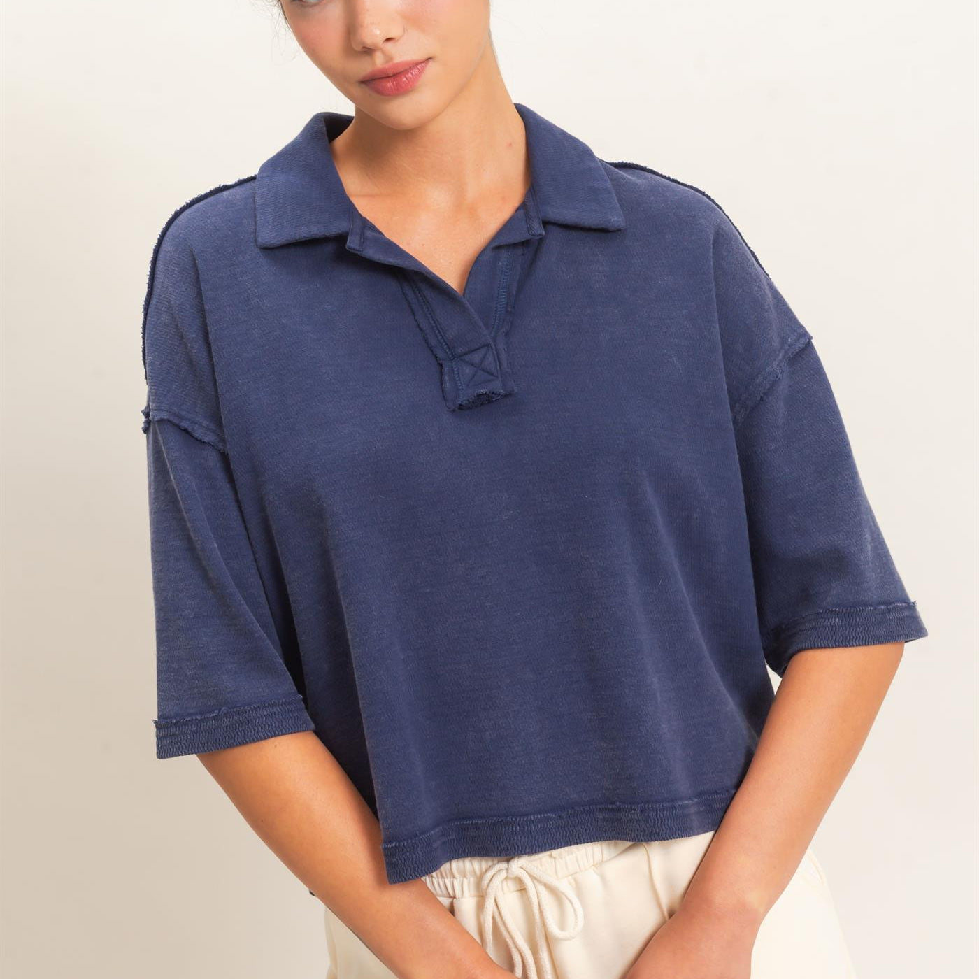 Wholesale Mineral Wash Oversized Collar Short Sleeve Top Clothing Tops DZ26E813 NAVY DOUBLE ZERO