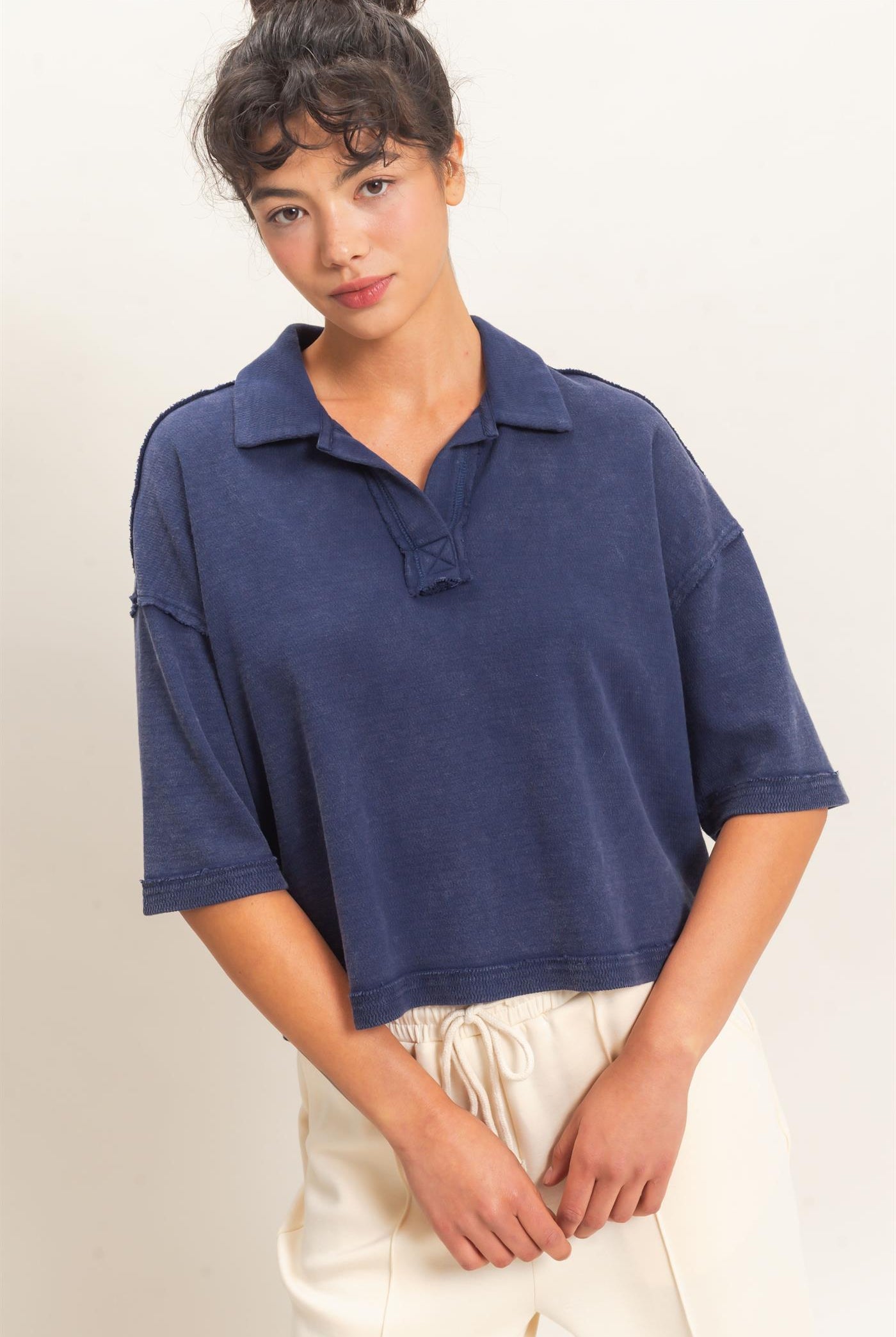 Wholesale Mineral Wash Oversized Collar Short Sleeve Top Clothing Tops DZ26E813 NAVY DOUBLE ZERO