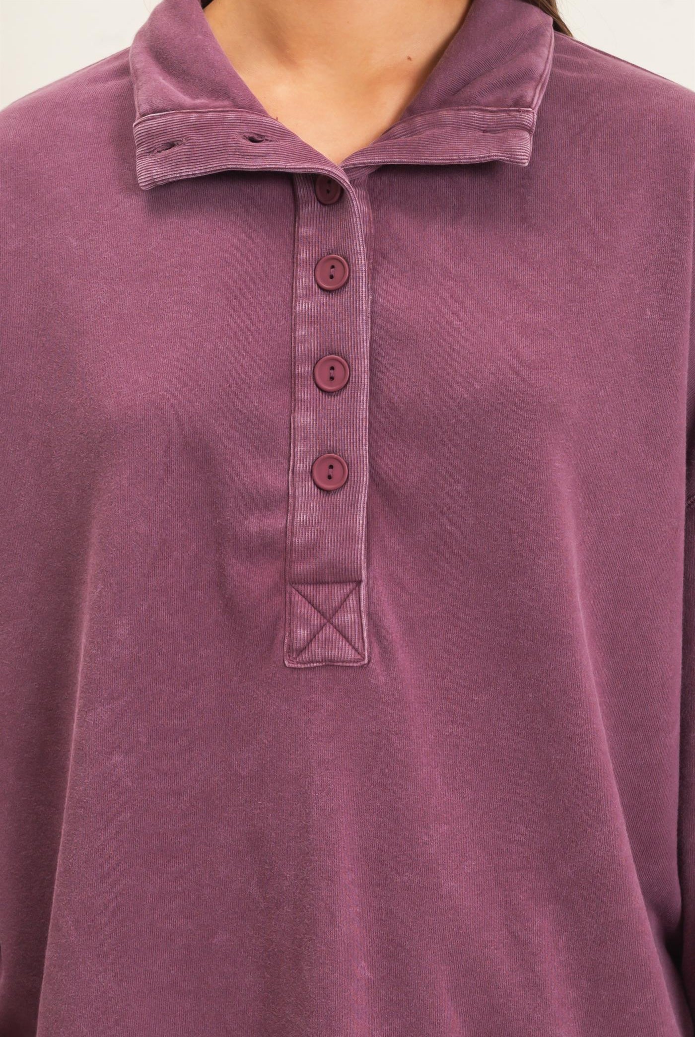 Wholesale Mineral Wash Button Front Sweatshirt Sweatshirts DZ26C909 DARK CHERRY DOUBLE ZERO
